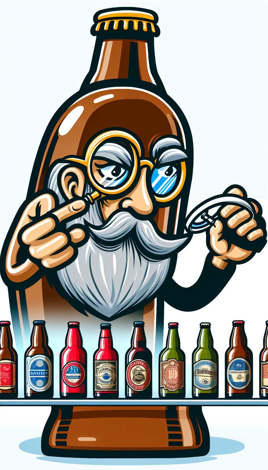 An illustration displays a wise, monocled beer bottle adorned with a gray beard, holding a magnifying glass to examine a line of younger, vibrant beer bottles, each bearing a distinctive era-specific label design. The magnifying glass highlights details such as the bottle's shape, embossing, and label artwork, emphasizing the theme of 'old beer bottle identification.'