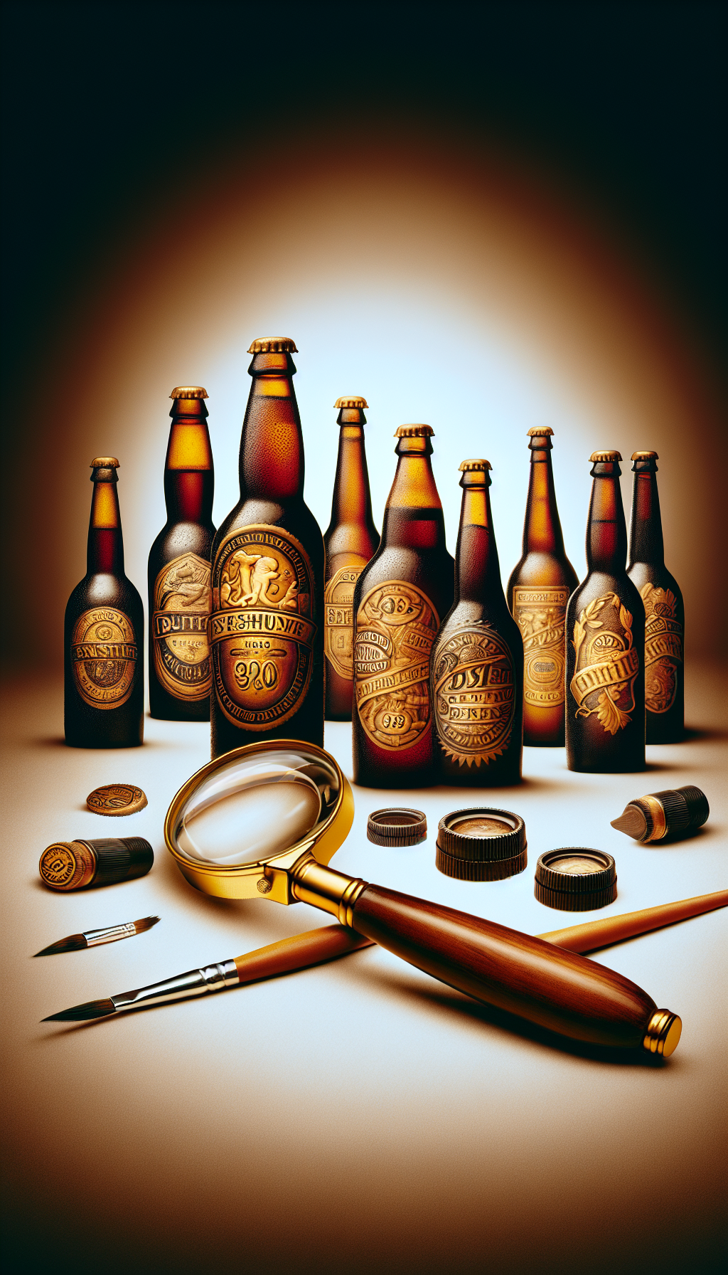An array of vintage, sepia-tone beer bottles of various iconic shapes stands lined up, each with a shimmering golden label etched with the brand's storied year of establishment. Behind, a magnifying glass hovers, highlighting unique embossments and peculiar bottle caps, while its handle morphs into an artist's brush, blending nostalgia with the craft of old bottle identification.