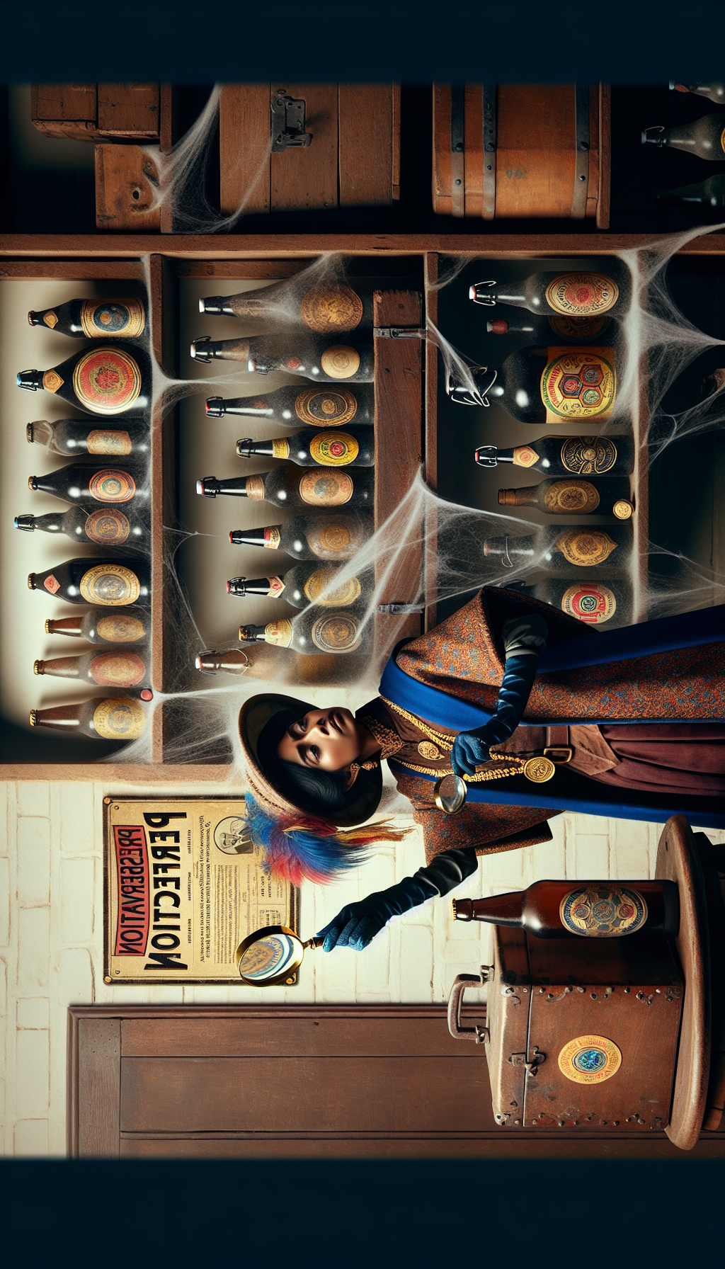 A whimsical time-traveling beer sommelier carefully dusts off a row of ancient, cobweb-draped bottles on antique wooden shelves, with a magnifying glass in one hand, highlighting unique emblems and age markers on the bottles. A vintage label on the bottom corner flaunts the title "Preservation Perfection," written in elegant script. The contrasting styles blend medieval artistry with modern graphic lines.