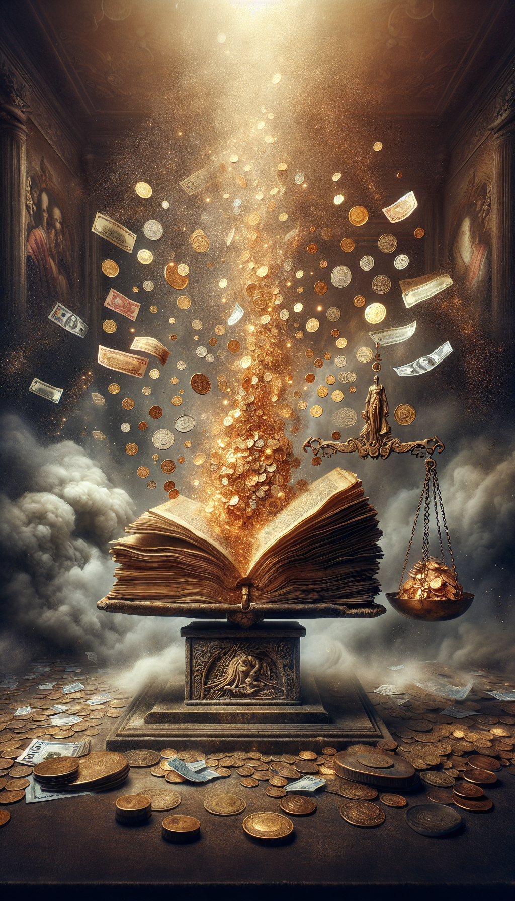 Amidst a mystical cloud of dust, an ancient tome sits atop a pedestal, with a stream of golden coins cascading from its pages onto a classic balance scale. Opposite the scale, modern currency notes rise, evoking a live trading market themed backdrop, symbolizing the tome's enduring monetary worth and merging antiquity with present-day valuation.