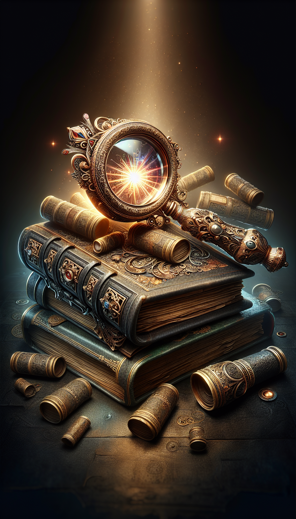 An intricately detailed magnifying glass hovers over a stack of antique books, with a shimmering glow emanating from a first edition on top, signifying its rarity and value. The book's spine and cover are styled with Victorian flourishes, while the magnifying glass combines a steampunk aesthetic, symbolizing the fusion of history and the hunt for precious literary treasures.