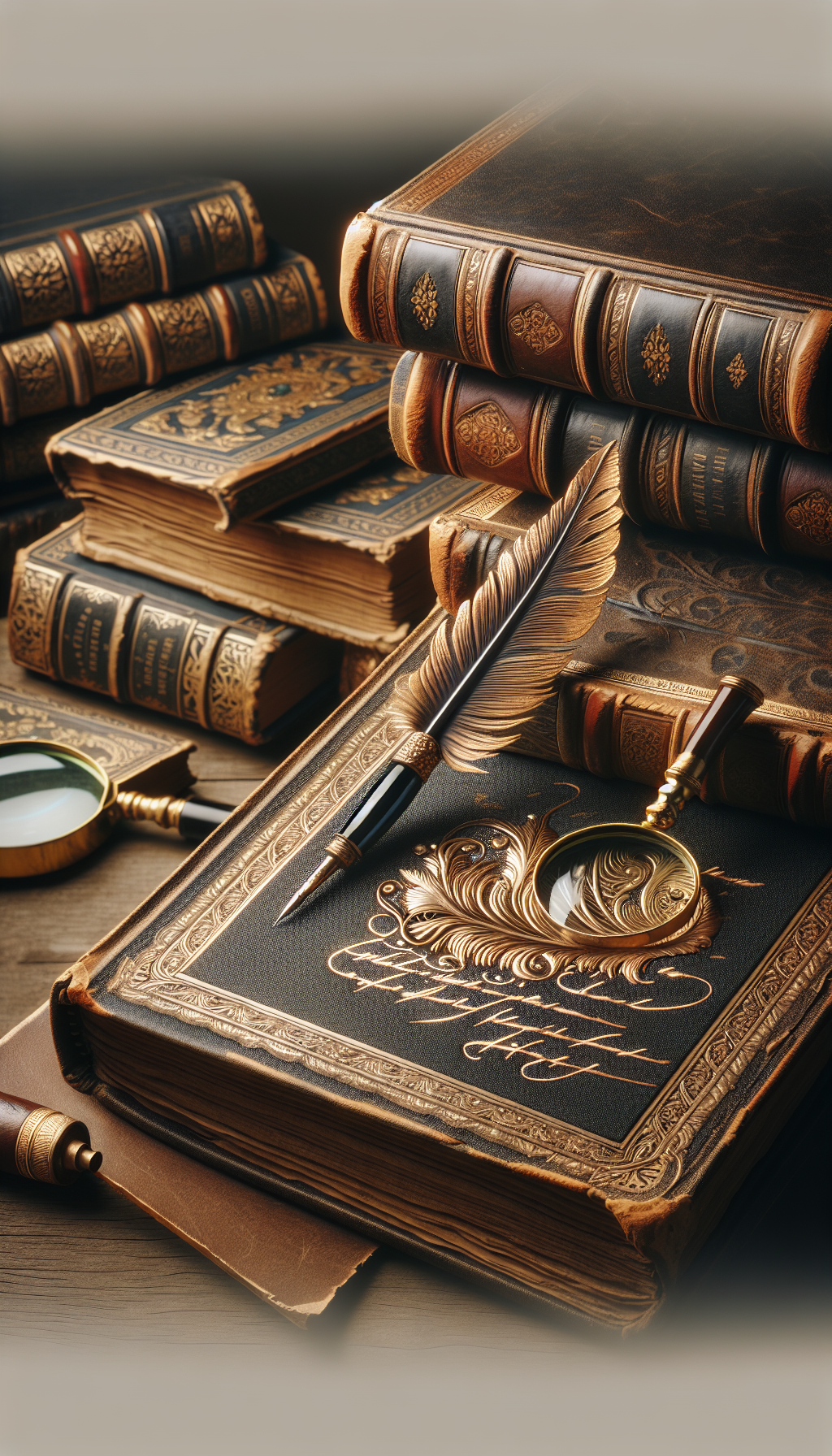 An antique quill pen rests atop an open, weathered leather-bound book, its page embellished with a shimmering, embossed signature. In the background, softly-blurred stacks of venerable tomes ascend, with flickers of gold leaf catching the light. A magnifying glass hovers over the signature, symbolizing scrutiny and the magnified importance—and value—of author autographs on old books.