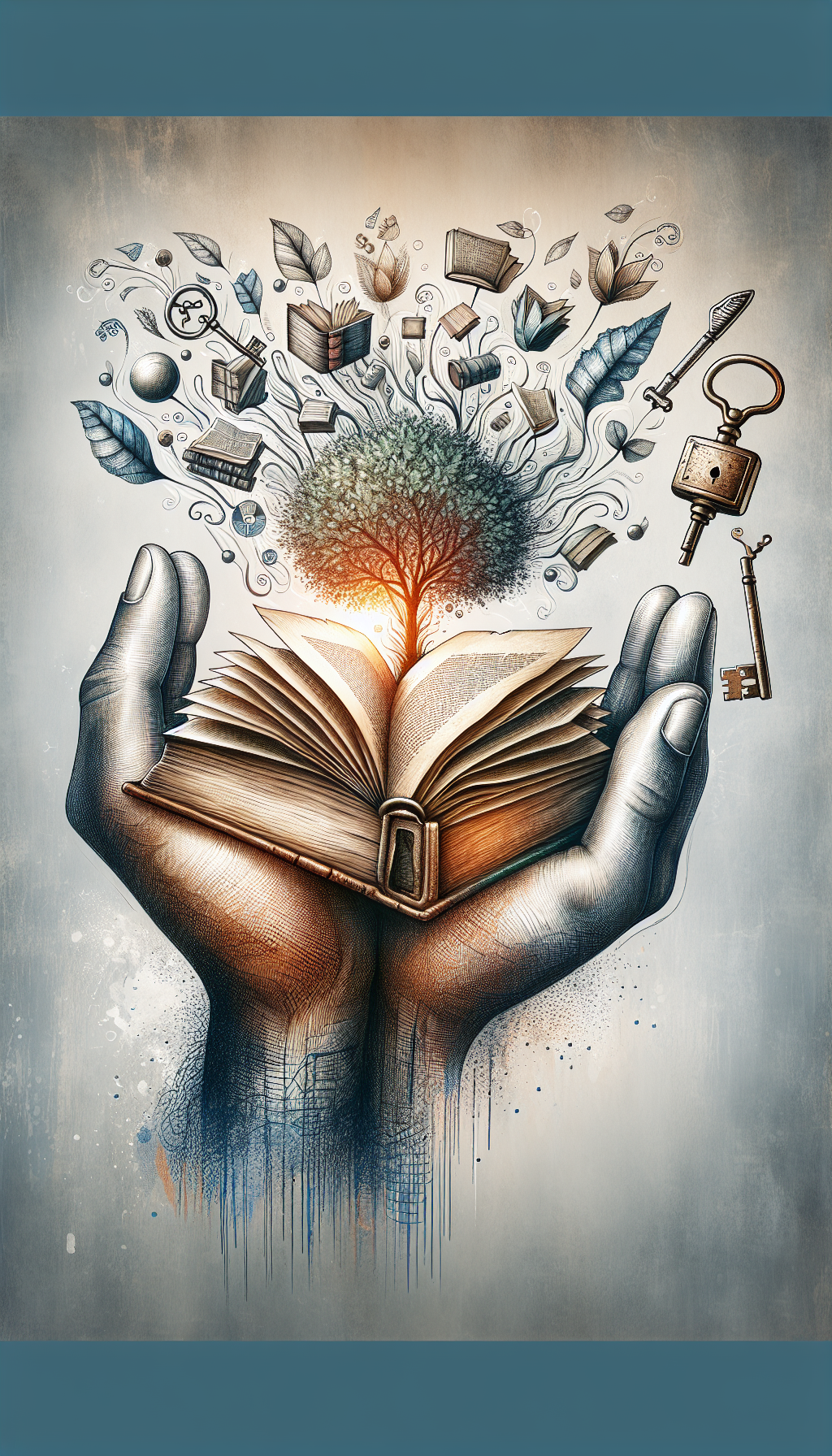 An illustration shows an aged book cradled in hands made of tree branches, symbolizing growth and care. An old key and lock hover nearby, signifying security and preservation. The book's vibrant, unfaded illustrations contrast with the duller background, emphasizing the effectiveness of preservation in maintaining value. The differing sketch, watercolor, and vector styles within the image reflect various preservation techniques.