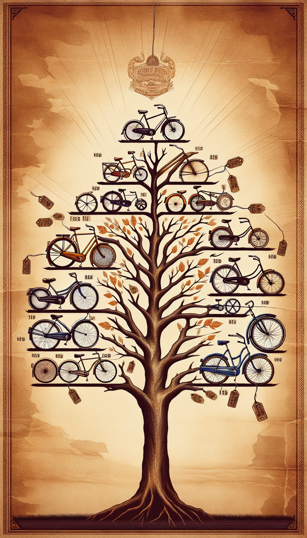 An illustration featuring an ornate family tree with branches made of vintage Schwinn bike frames, leading to a prized, mint-condition Schwinn at its roots, surrounded by faded price tags increasing in value as they ascend towards the newer models. The tree is set against a parchment backdrop, emphasizing historical significance, with each branch stylistically transitioning from sepia to vibrant color tones.