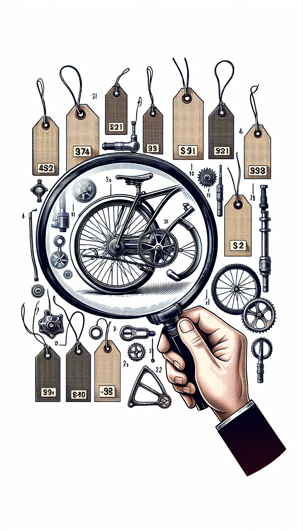 An illustration displays a magnifying glass hovering over distinct features of a classic Schwinn bicycle, such as the badge, frame, and serial number, against a backdrop of price tags showcasing ascending values. The magnifying glass and the bike parts appear in detailed line art, while the price tags have a watercolor texture, symbolizing the blend of scrutiny and valuation.