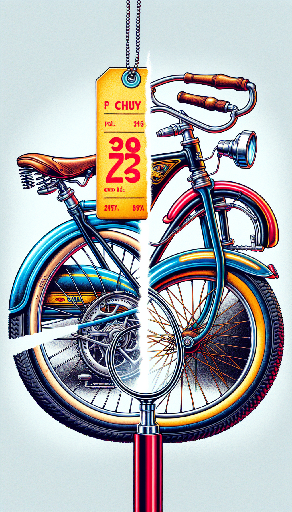 An illustration featuring a split-view of a vintage Schwinn bike: one side pristinely restored, the other weathered and rusty, with magnifying glasses highlighting the differences in condition. Above, a price tag swings, with the side over the restored half displaying a significantly higher value, accentuating the importance of condition in determining a vintage Schwinn bike's worth.