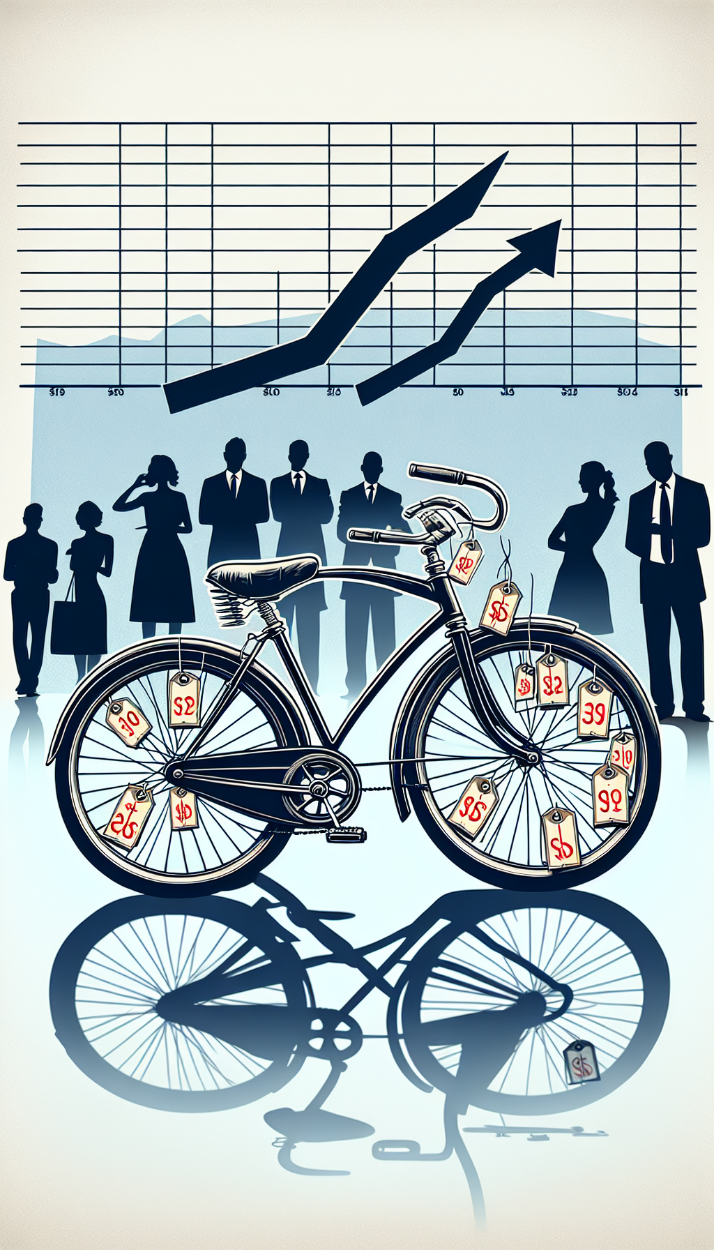An illustration of a vintage Schwinn bike with an overlay of upward trending graphs and dollar signs emblazoning the wheels. Above the handlebars, classic price tags dangle, each displaying different values, while in the background, stylized silhouettes of people bid in an auction-like setting, symbolizing the market interest. The bike casts a shadow shaped like an up arrow, hinting at increasing value.