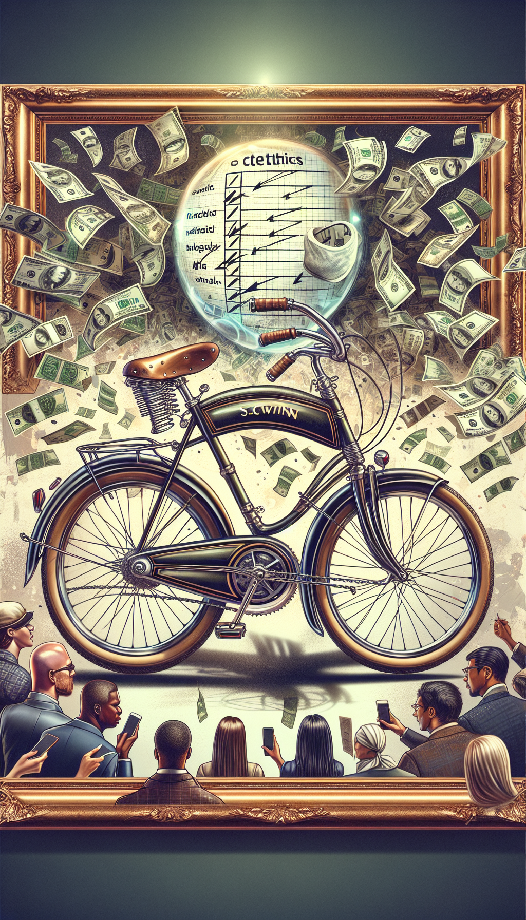An illustration of a glistening vintage Schwinn bicycle, its chrome accents catching the light, staged in a spotlight against a backdrop of floating dollar bills. Overhead, a strategic checklist hovers like a thought bubble, while eager buyers with various bid signs press forward. The corners of the image subtly fade into sepia, hinting at the bike's nostalgic worth.