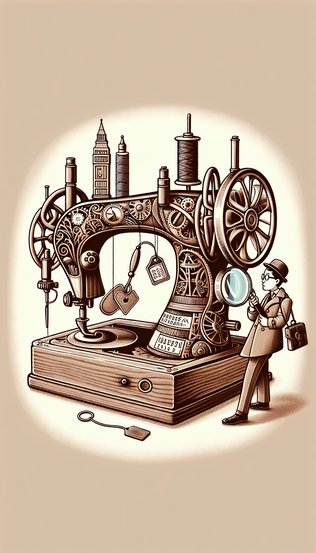 A whimsical, sepia-toned illustration depicts a detective with a magnifying glass closely examining a classic, ornate sewing machine. The machine's components subtly transform into historical landmarks, indicating its era, while price tags dangle from its spool pin and foot pedal, hinting at its value. The overall style is a playful blend of vintage and steampunk aesthetics.