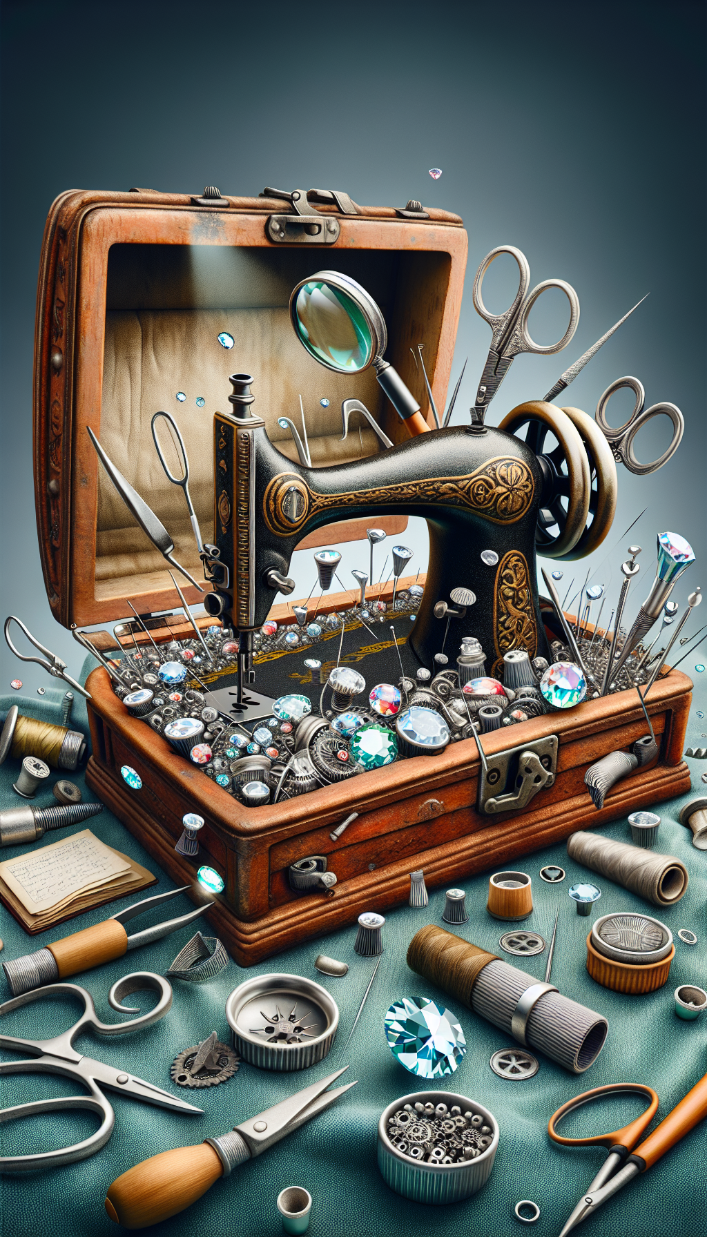 An illustration of an aged, intricately designed sewing machine sits atop an open jewel box, reflecting the idea of value. Sewing accessories carefully examine the machine like mini experts, with a magnifying glass and a tiny checklist, symbolizing evaluation. The styles vary from realistic details on the machine to cartoonish evaluators, creating a vibrant contrast within the image.