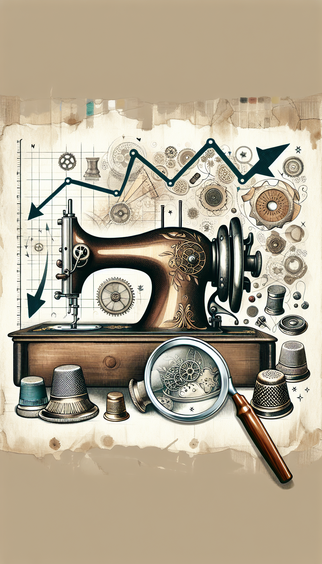An illustration featuring an antique sewing machine on a graph with ascending arrows and scattered vintage patterns and rare thimbles representing market trends. A magnifying glass highlights the machine's unique details, symbolizing rarity's role in value assessment. The scene is rendered in a mix of watercolor elements for the machine's patina and crisp line art for the modern graph.