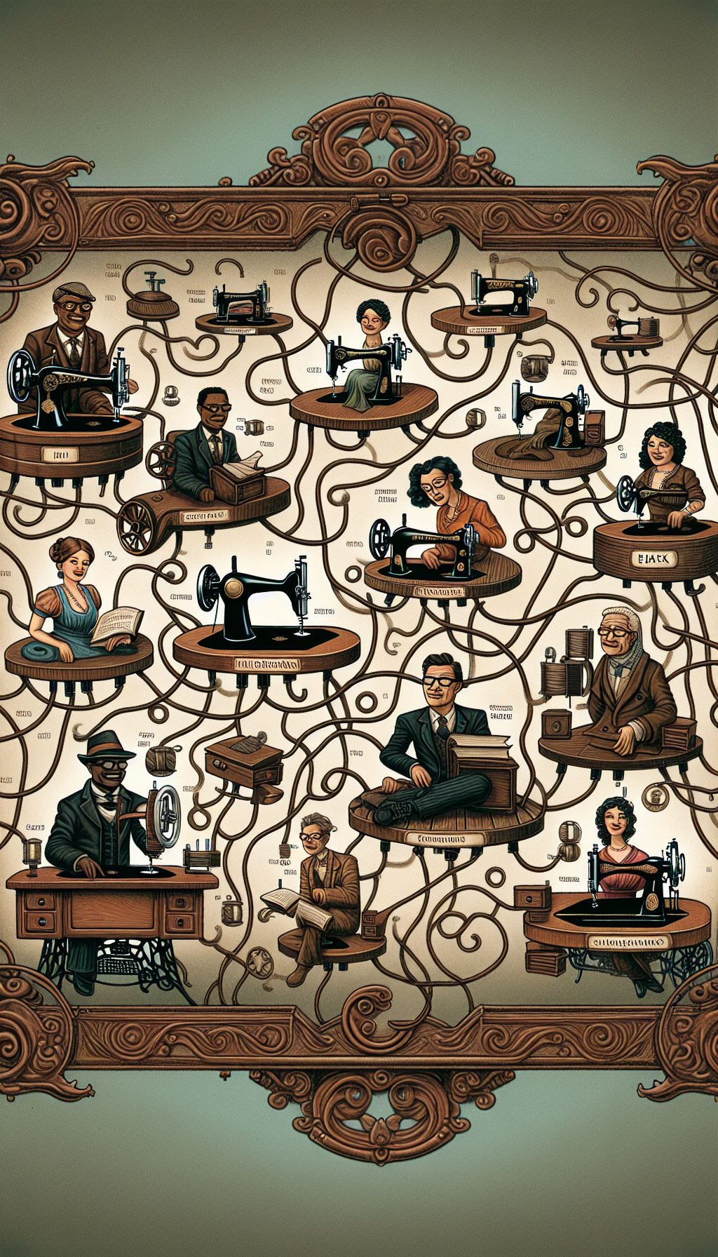 A whimsical steampunk-style illustration depicting a network of intertwining vines, each branch connecting vintage sewing machines to caricatured experts with magnifying glasses and books. The vines represent social media threads or antique store aisles, while the old sewing machines are perched like nodes of knowledge, symbolizing the value and history they hold, waiting to be unlocked by those who know where to look.