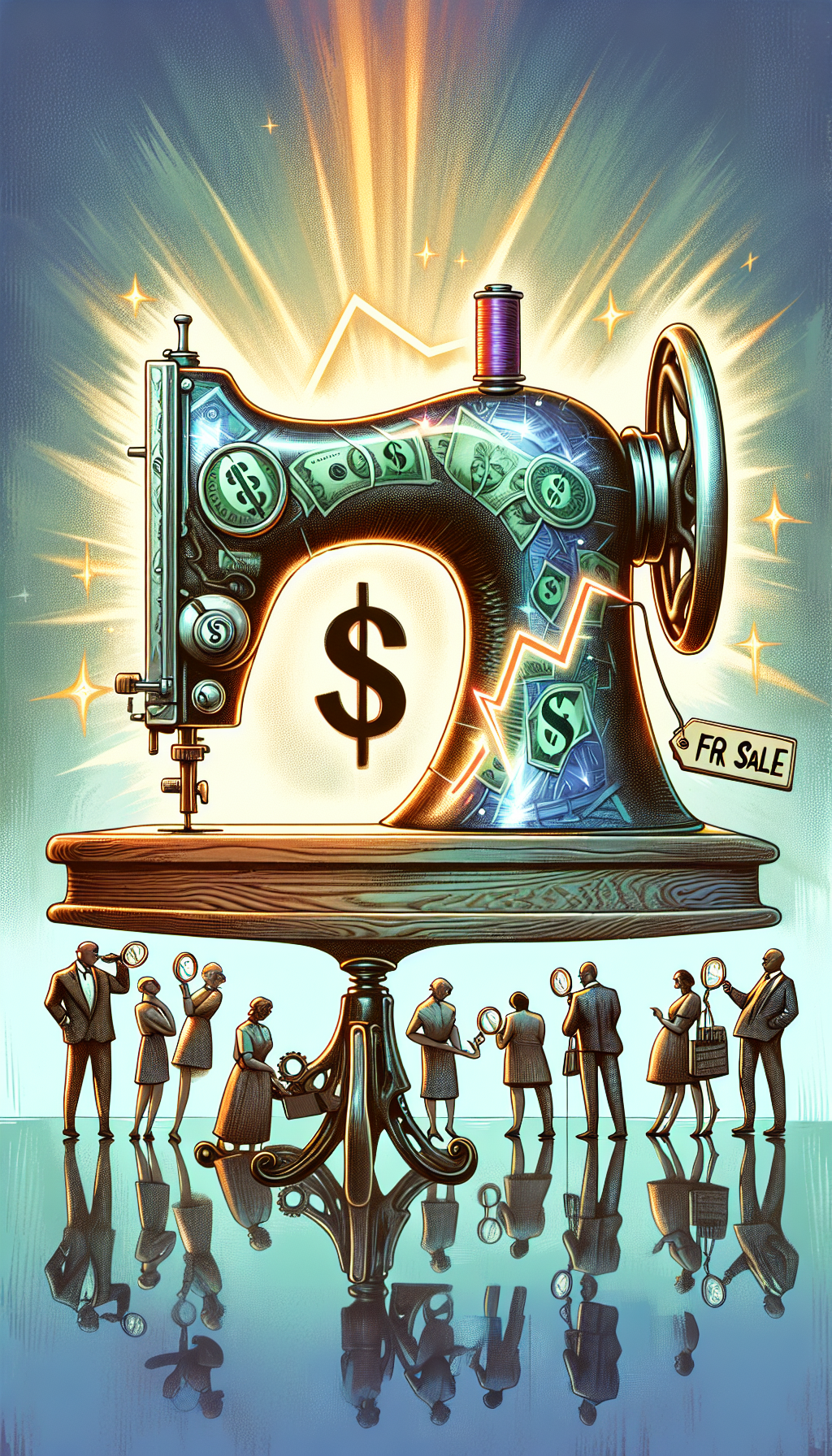 An illustration of a gleaming vintage sewing machine with dollar signs reflected in its polished surface, skillfully placed on a pedestal, like a prized trophy. Around it, miniature figures polish and appraise it, with magnifying glasses showing hidden features, while a "For Sale" tag hangs with a rising graph line to depict increasing value. The scene merges classic etching with vibrant, modern color accents.