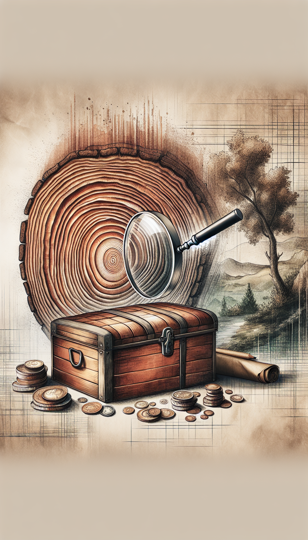 An aged, textured wooden chest sits center stage with a magnifying glass hovering over, revealing growth rings like those on a tree, each ring marking a decade. Coins and antique jewelry spill out, signifying value. The background shifts artistically from a pen sketch on the left to a watercolor palette on the right, symbolizing a spectrum of time and valuation methods.