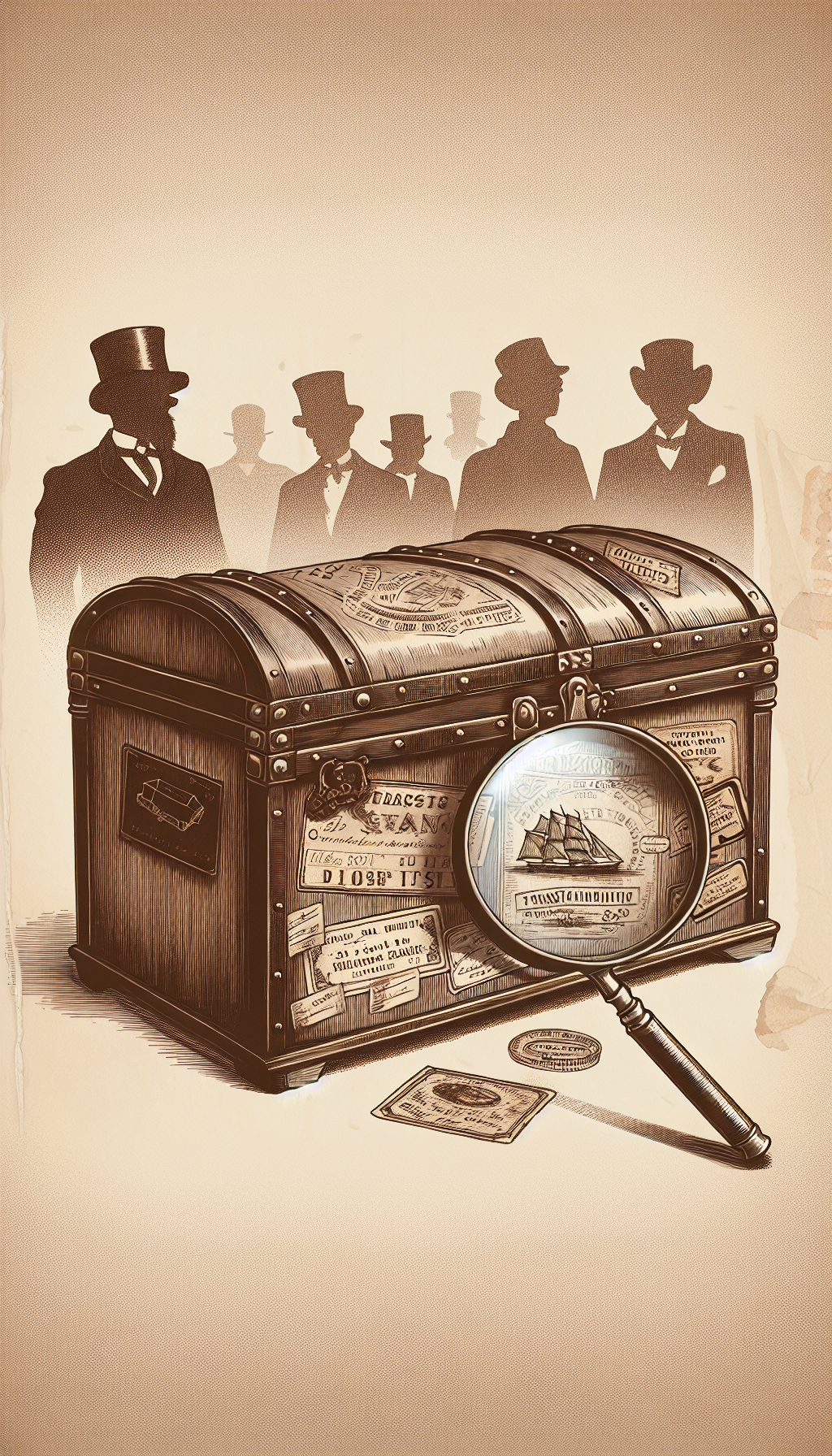 A sepia-toned illustration portrays an antique trunk, its surface etched with various vintage labels from grand hotels and transatlantic voyages. A magnifying glass looms above, revealing the craftsman's hidden signature and date, while ghostly silhouettes of its past owners whisper in the background, each overlaying an era's distinct style, intertwining the trunk's rich history with its timeless value.