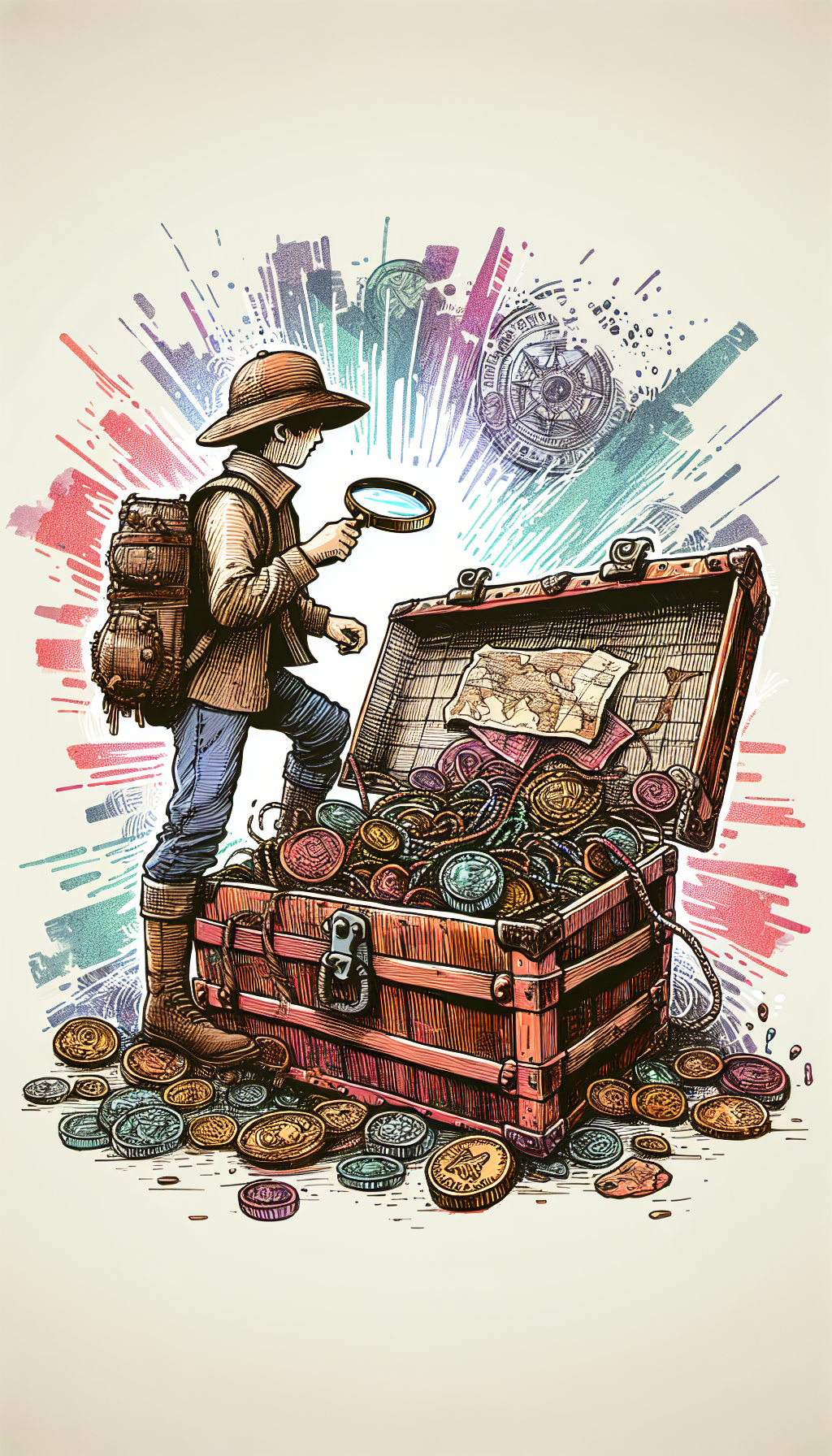 An adventurous explorer, magnifying glass in hand, stands atop an antique trunk that's overflowing with vintage treasures, like old coins, maps, and jewelry. Styled as a whimsical cross-hatch ink drawing transitioning into a vibrant watercolor burst, the scene conveys an exciting quest for valuing the past, with the trunk symbolizing nostalgia's hidden wealth.