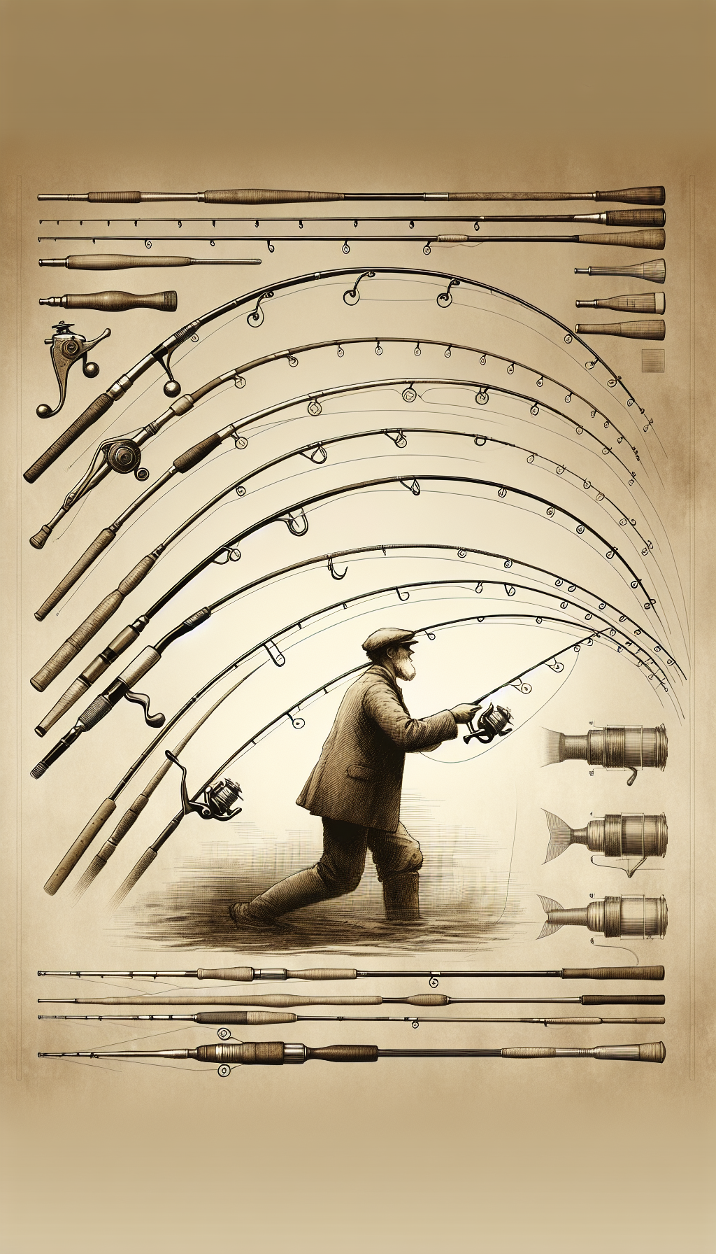 A sepia-toned illustration featuring a montage of diverse vintage fishing rods arcing gracefully from past to present, each labeled with era-specific details. In the foreground, a hand-drawn fisherman of yesteryear is caught in the act of casting his line, hook and sinker dangling mid-air, as ghosted images of patent sketches for early rod designs spiral around the central scene.