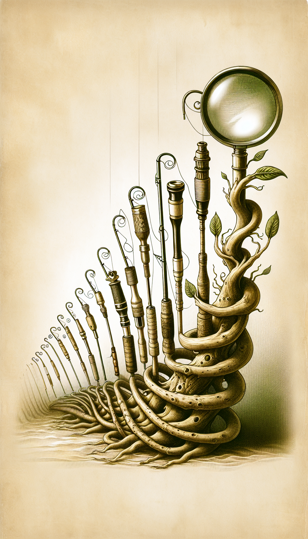 A whimsical illustration depicts a spiraling timeline with distinctively styled vintage fishing rods sprouting like plant stalks, marking significant eras. At the base, a magnifying glass hovers over an intricate, sepia-toned sketch of an ancient rod, while modern versions progressively evolve with color and complexity as the timeline ascends, culminating in a sleek, state-of-the-art rod at the apex.