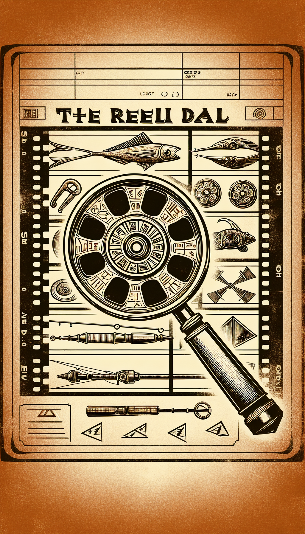 An eclectic montage features a magnifying glass poised over an ancient, engraved fishing rod, with deciphered hieroglyph-like symbols floating upwards, transitioning into a film reel where each frame showcases a different hallmark of vintage rod makers. Etched beneath in sepia tones, the words "The Reel Deal" anchor the image in a classic typewriter font, evoking a sense of historic detective work.