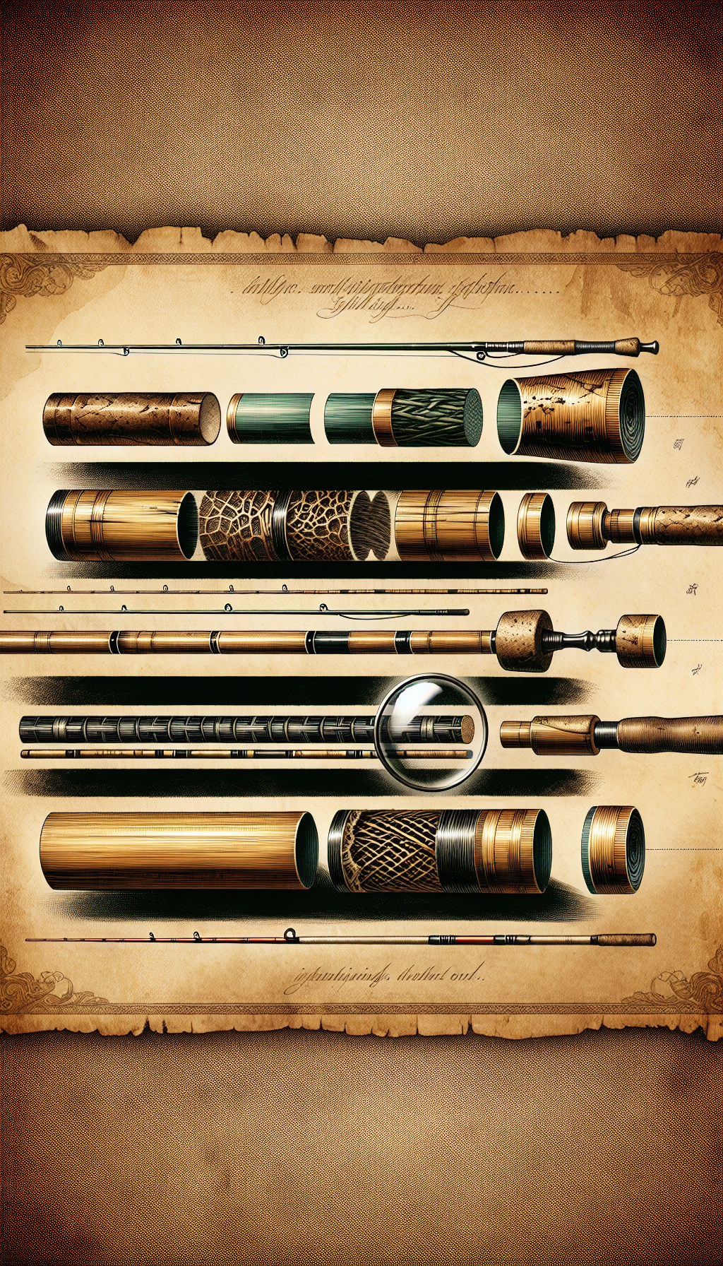 An illustrative montage of fishing rod cross-sections, with an antique parchment background. From left to right: a bronzed, textured fiberglass rod fades into a natural bamboo stick, and transitions into futuristic materials with a carbon fiber weave pattern. Engraved labels and a magnifying glass focusing on detailed old-time rod signatures weave through the image, symbolizing the quest for vintage identification.