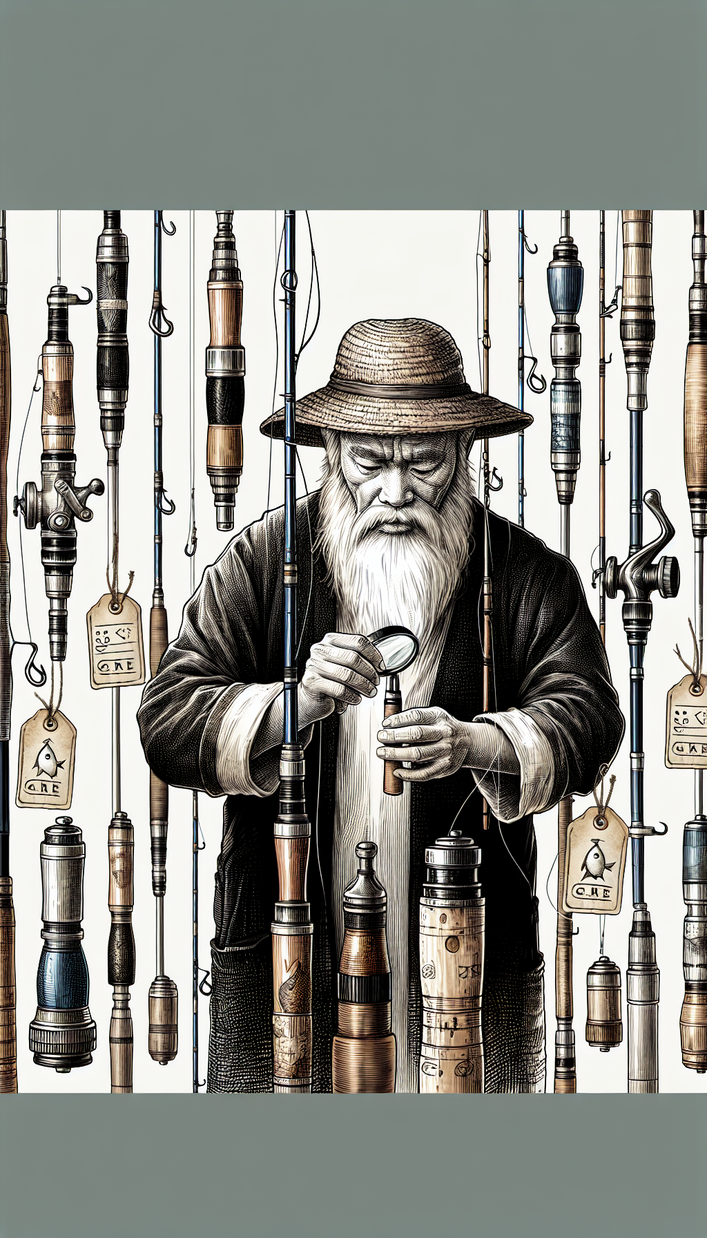 An illustration depicts an elderly, wise fisherman, dressed in vintage attire, meticulously examining a classic fishing rod with a magnifying glass, surrounded by an array of old rods standing like a collection of historical artifacts. Each rod is adorned with a dangling price tag labeled with care symbols and insightful tips, artistically combining line art with watercolor textures to exude an aged charm.