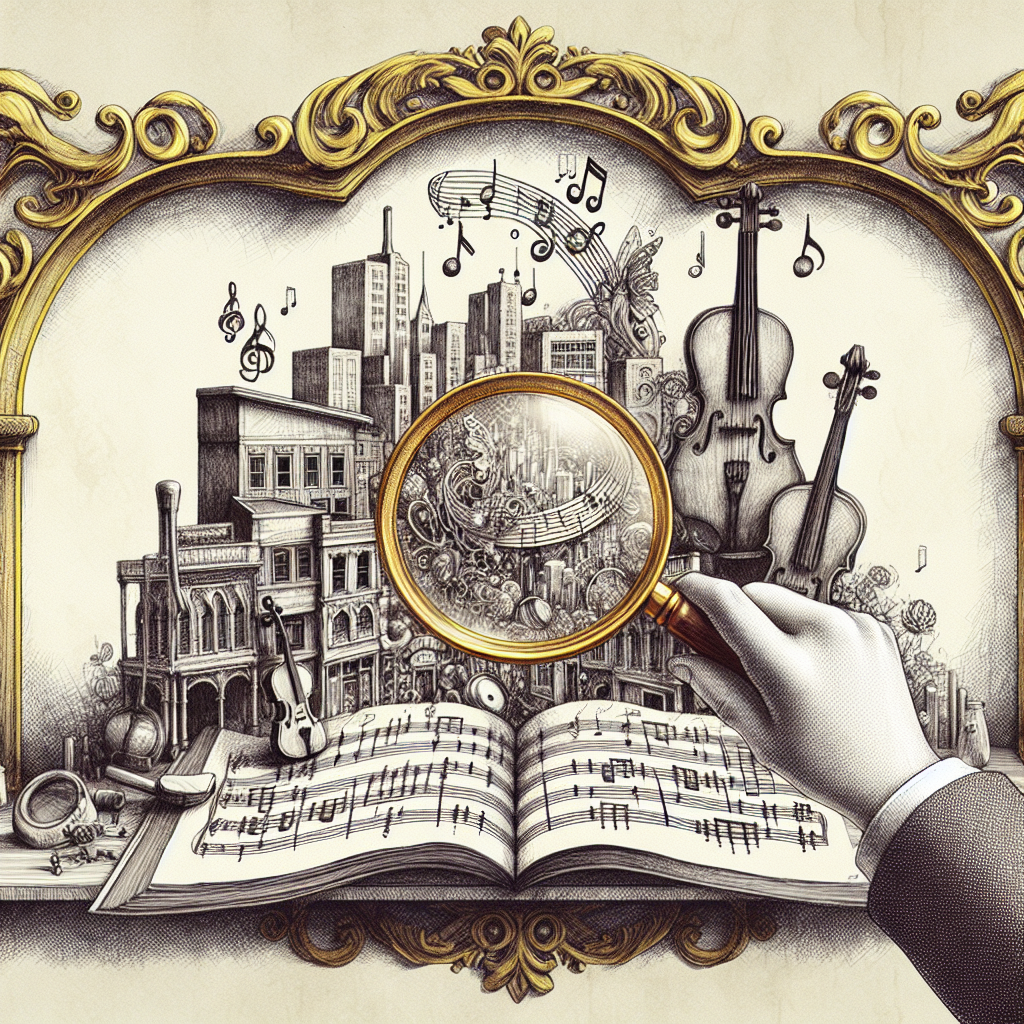 The illustration depicts an ornate, golden music stand placed centrally with a graceful arch framing the scene—a nod to the "Symphony of Valuation." Sprawled across an open sheet music book on the stand, we see a detailed, inked cityscape representing the 'local' aspect, with various music instruments like violins, trumpets, and pianos integrated into the architecture as buildings and monuments. Hovering above the book, a magnifying glass held by a hand wearing a jeweler's loupe zooms in on a specific area of the city, highlighting a small violin shop, thus symbolizing the search for 'instrument appraisal near me'. Elegant music notes and currency symbols float around, merging into an intertwining melody line that emphasizes the musical and valuation themes. The image blends a sketch-like, hand-drawn style for the cityscape with a more realistic rendering for the music stand and hand, embodying a harmonious fusion of creativity and precision akin to both music composition and expert appraisal.