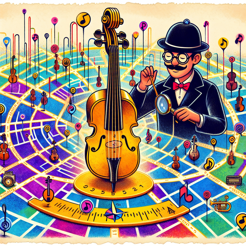 Visual Description: The illustration depicts a hybrid scene that blends a vibrant street map with musical undertones, creating an engaging visual metaphor. At the center, there is a large golden tuning fork that resonates with visible sound waves, which in turn transform into roads and pathways on a map. Dotting these paths are small, stylized icons of various musical instruments, each with a magnifying glass signifying inspection or appraisal. Clusters of these icons become denser towards the center, near the tuning fork, indicating a higher concentration of reputable appraisers. In the foreground, a cartoonish detective character with a monocle is playfully examining a cello, symbolizing the search for 'instrument appraisal near me'. This character stands atop a compass rose, embedding the theme of location search. The illustration uses a whimsical blend of watercolor textures for the map and crisp line art for the characters, ensuring the message of local expertise is both clear and visually intriguing.