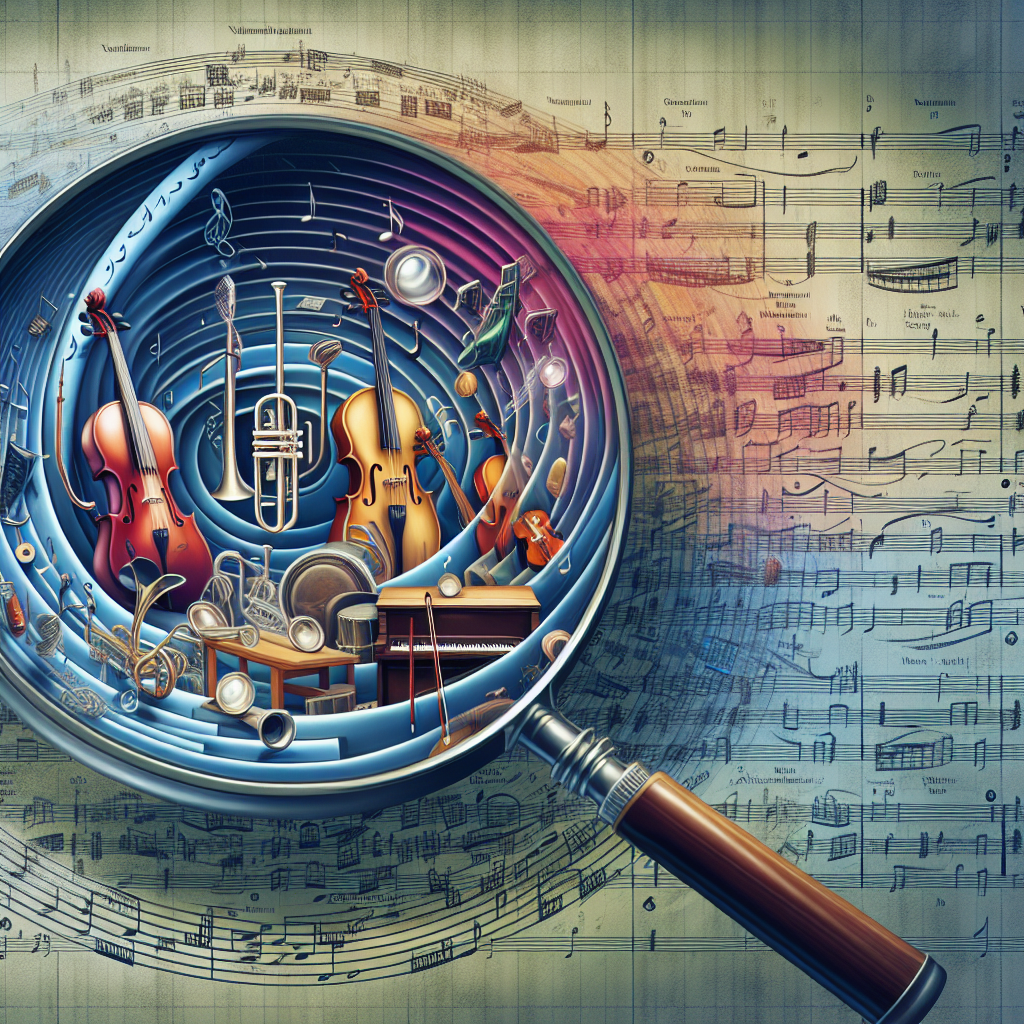 The illustration depicts a grand, semi-transparent conductor's stand, elegantly blending into a swirl of musical staves, against the backdrop of a magnifying glass circling various musical instruments—a violin, a trumpet, and a piano—arranged as if seated in an orchestra. Each instrument is adorned with a gleaming price tag showcasing key appraisal attributes, such as age and make. As the eye follows the musical staves, they morph into roads leading to a quaint shop labeled "Local Instrument Appraisal" in a charming, friendly font, suggesting proximity and accessibility. The image style transitions from a classical, realistic rendering of the instruments to more modern, graphic lines for the road map, using vibrant, reassuring colors as it does.