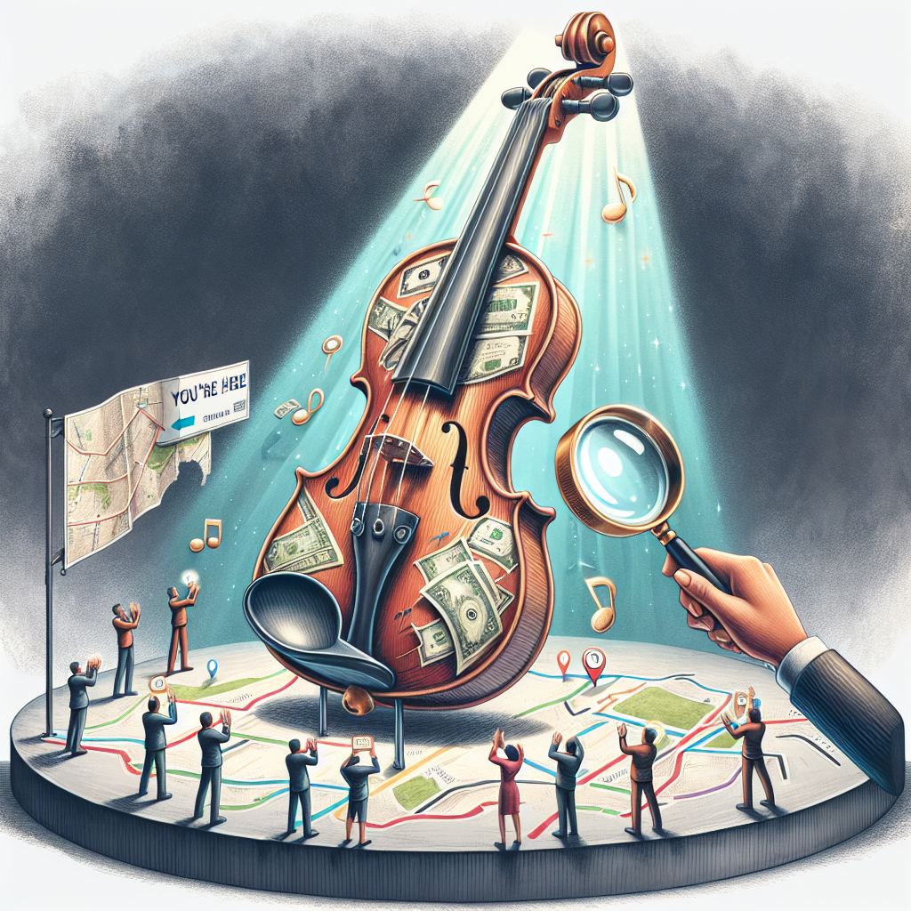 The illustration depicts an animated, anthropomorphic musical instrument (such as a glossy vintage violin) standing proudly on a stage spotlight, with a queue of currency bills clapping as an audience, hinting at the 'encore' metaphor. The violin is partially encircled by a measuring tape and is being examined by a magnifying glass held by a pair of refined, animated hands, representing expert appraisal. Beneath this whimsical stage setting, there's a navigational map with a "You Are Here" marker pointing to a location icon labeled "Appraisal Expert". The map trails are adorned with musical notes and symbols. The contrast of a rigorous appraisal process with a cheerful stage performance creatively unites the theme of enhancing the instrument's appraised value with the convenience of finding expert services nearby. The image is rendered with a mix of watercolor textures for the map, crisp line art for the animated figures, and soft shading for the spotlight effect, underlining the diverse facets of the instruments’ journey to its peak value.