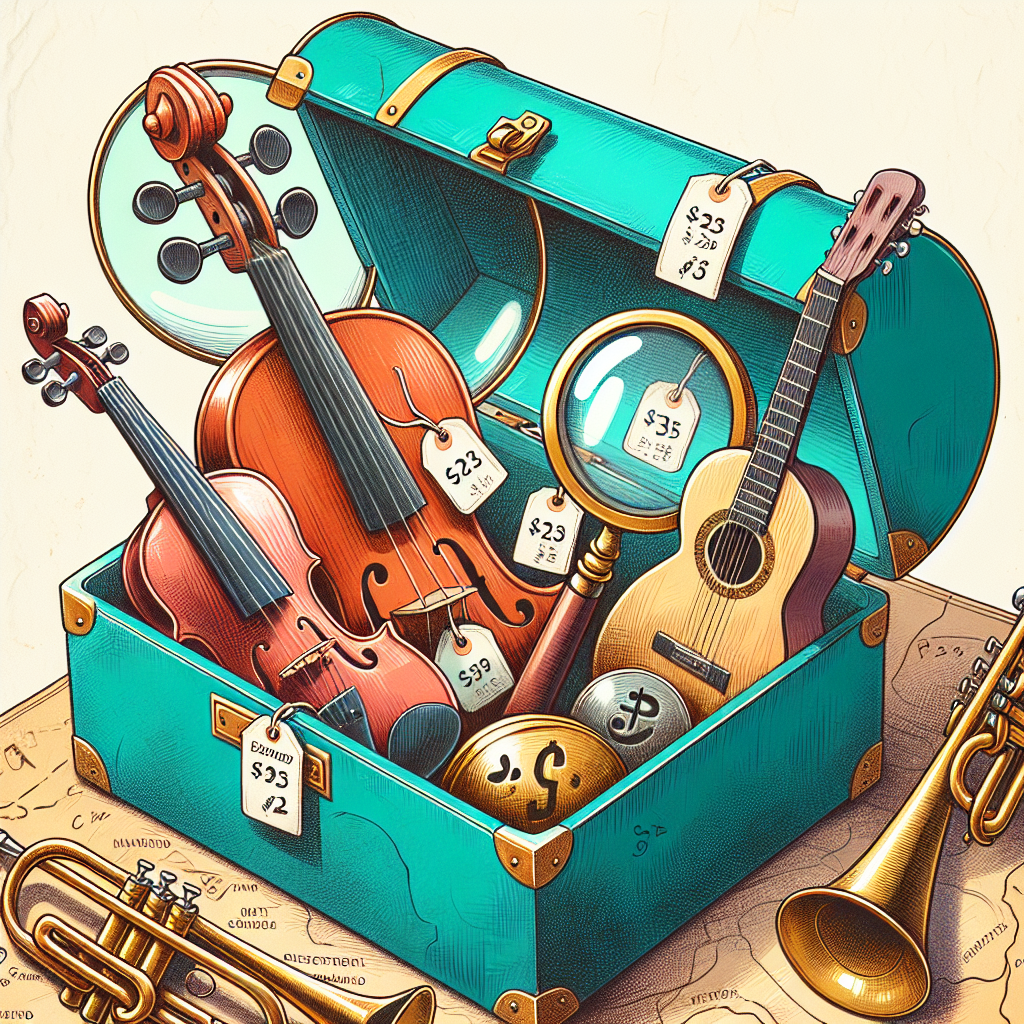 An illustration depicts a vibrant treasure chest overflowing with musical instruments—a violin, guitar, trumpet—with an oversized magnifying glass scrutinizing them, revealing price tags and musical notes. The chest sits atop a map marked with various local destinations. The diversity in style, ranging from sketch-like lines to watercolor hues, symbolizes the eclectic nature of appraisals.