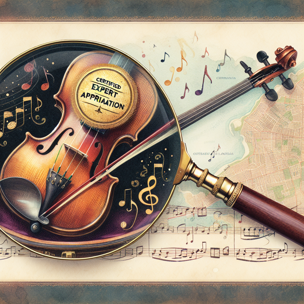 A vintage magnifying glass looms over an ornate violin, focusing on a shimmering golden seal stamped "Certified Expert Appraisal." Beneath, a blended map overlay pinpoints the viewer's location with whimsical music notes trailing to the nearby expert. The styles alternate from crisp, realistic details on the violin to a softer, watercolor texture for the background, enhancing the sense of local, specialized care in instrument evaluation.