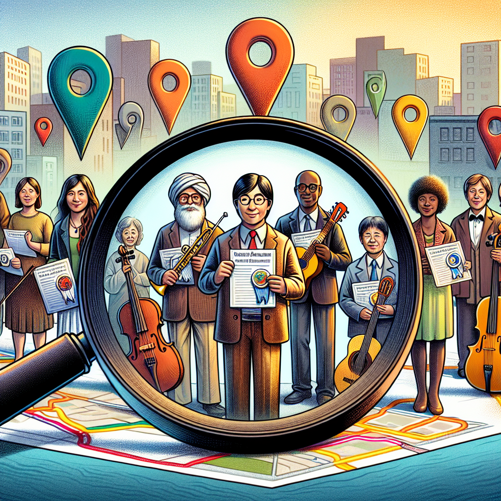 An illustration of a magnifying glass zooming in on a map pin, under which a diverse group of professional appraisers stands with instruments (like violins, guitars, and pianos), each displaying a badge of authenticity or certification. The styles vary from realistic portraits to cartoon-like drawings, with the background transitioning from a cityscape to a suburban area in a gradient manner.