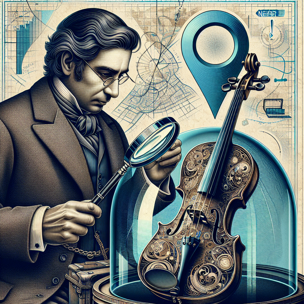 An illustration features a meticulous appraiser with a magnifying glass, scrutinizing a violin intricately mapped with financial graphs and symbols. Below, a swirling "location" pin indicates "near me", while a protective glass dome symbolizes safeguarding investments, emphasizing precise local instrument appraisal. This image fuses vintage and modern elements to represent the balance of classical valuation and accessible services.