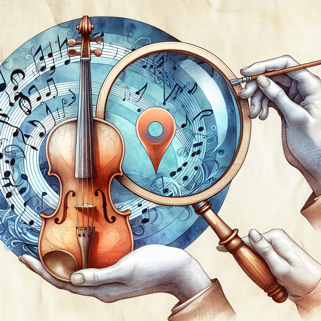An intricate, whimsical illustration portrays a pair of delicate hands cradling a vintage violin, with musical notes swirling around to form a protective bubble. Overlaying this scene is a magnifying glass, hinting at an appraisal, its handle morphing into a location pin to signify 'near me.' The blend of watercolor and fine line art emphasizes both care and precision.