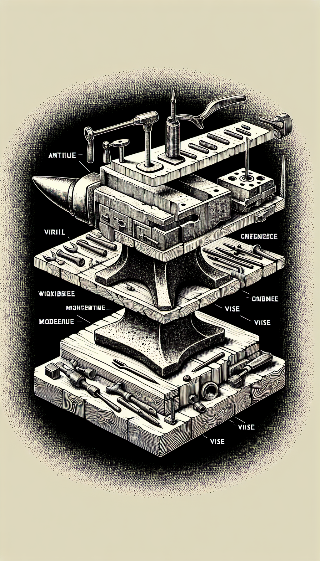 An illustration blending a timeworn anvil with modern workbench layers, dissecting the evolution of vise design in a cross-sectional view. Antique vises morph into contemporary styles as they spiral around an anvil-turned-time-capsule, with notable features highlighted for identification. Styles alternate from rough sketches to pixel art, symbolizing the transition from traditional forging to precise modern crafting.