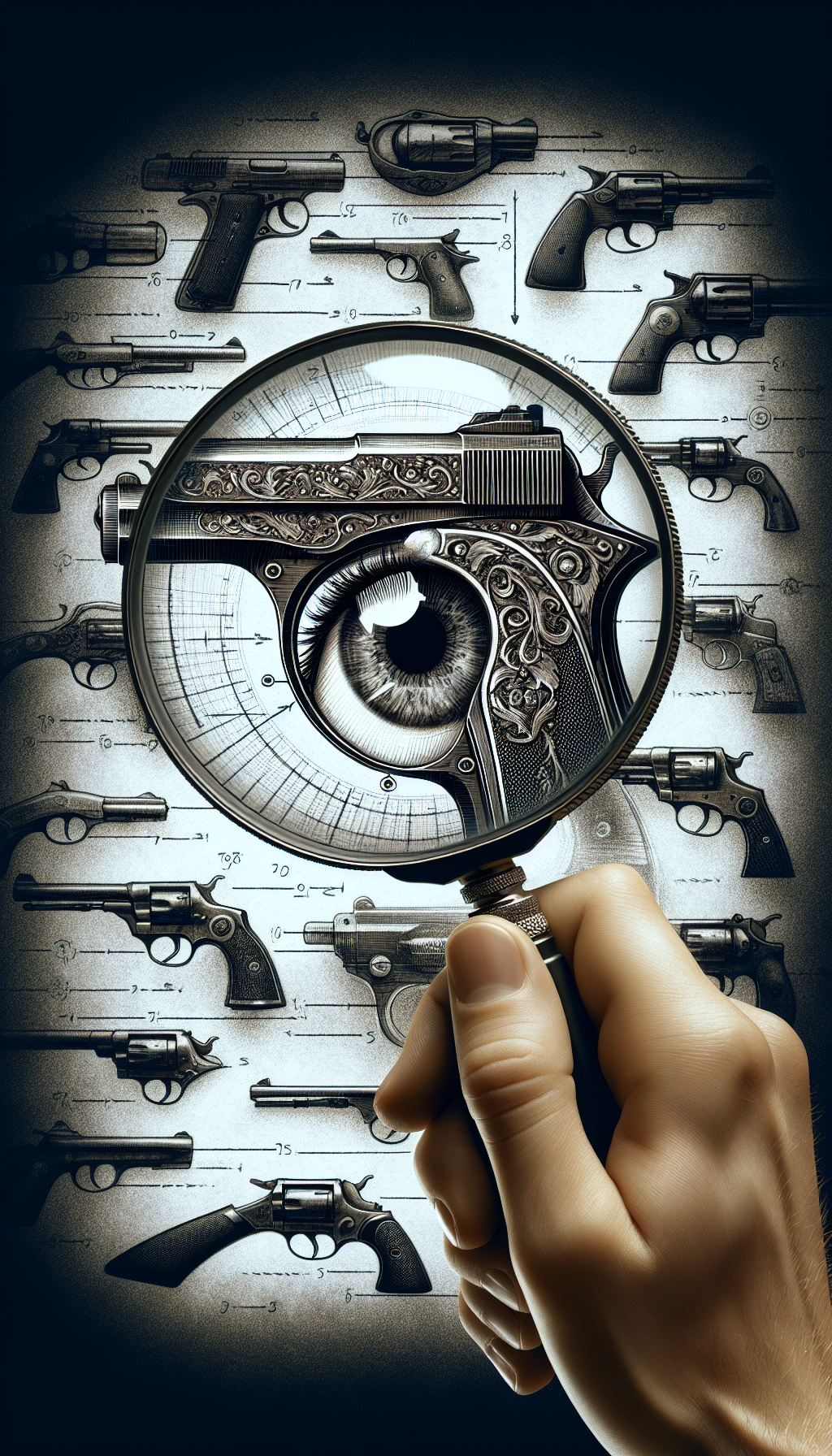 A magnifying glass with an eye peering through it overlaps the image of an antique handgun. Inside the lens, fine details such as intricate engravings and aged patina are magnified, with small tick marks and notes pointing to key features. Around the firearm, ephemeral shadows suggest various other antique guns, symbolizing the breadth of appraisal expertise.