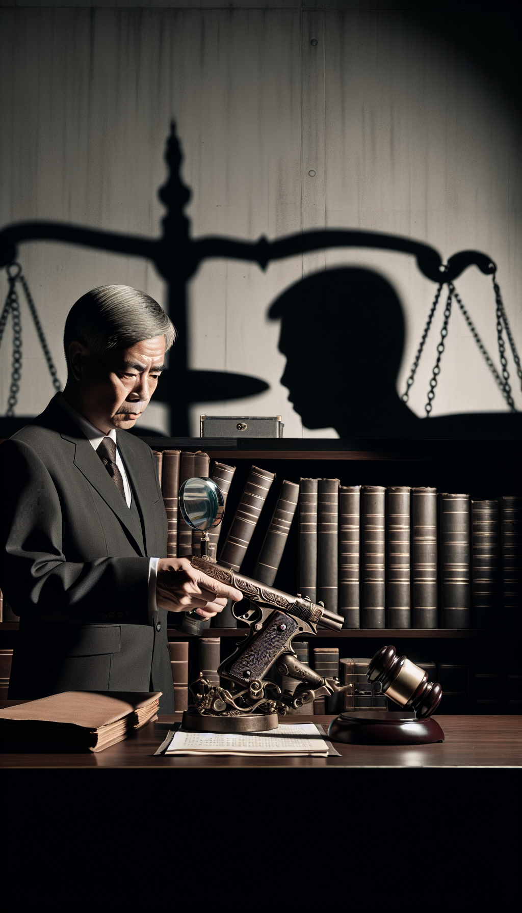 An old-timey detective stands behind a classic wooden desk, magnifying glass in hand, scrutinizing an ornate antique firearm, with scales of justice balanced on the barrel. In the background, a wall of legal books casts long shadows over the scene, implying the importance of adherence to legal parameters within the antique gun appraisal process.