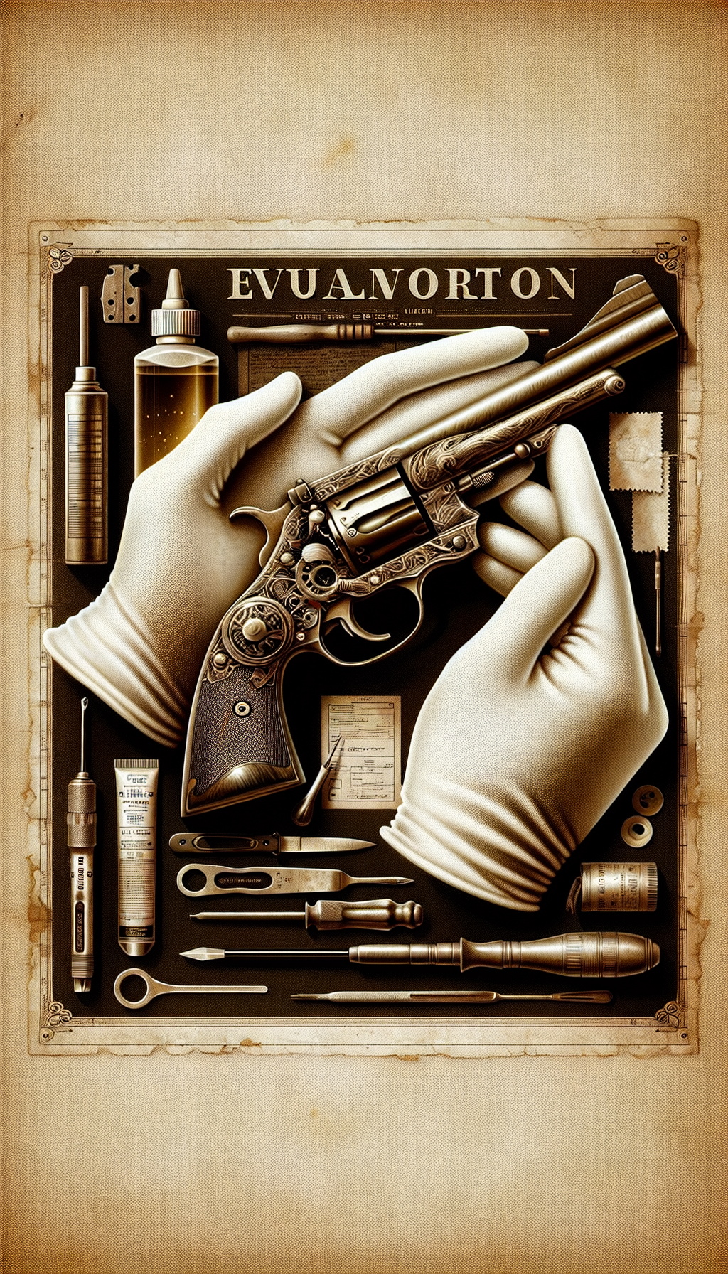 An illustration portrays a pair of hands in white gloves delicately holding an antique revolver against a background of faded appraisal documents, with transparent overlays of maintenance tools such as oil, a soft cloth, and a screwdriver. The juxtaposition of preservation and appraisal is symbolized by a shimmering price tag attached to the gun's handle, blending sepia tones with metallic accents.