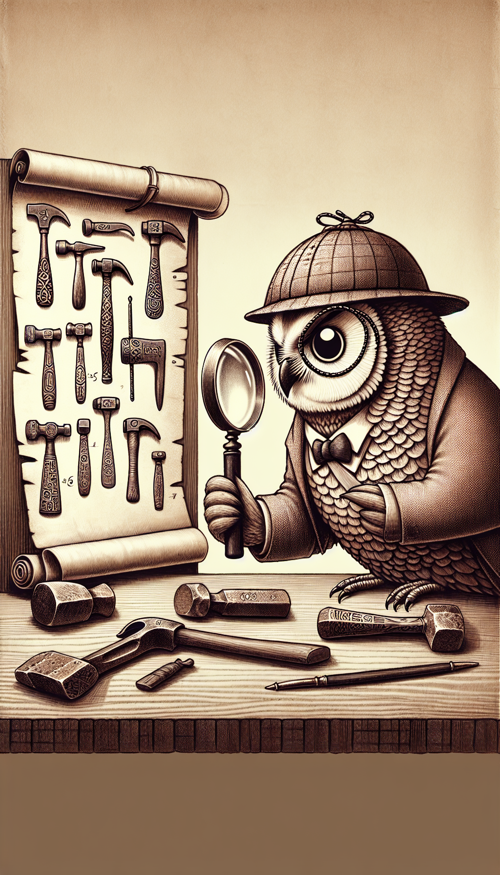 A whimsical, sepia-toned illustration depicts an owl wearing a detective's monocle and tweed cap, perched on an ancient scroll unrolling across a wooden workbench scattered with diverse vintage hammers, each labeled with dates and intricate patterns, resembling hieroglyphs. The owl, poised with a magnifying glass, inspects a particularly ornate hammer, symbolizing the scholarly pursuit of antique hammer identification.