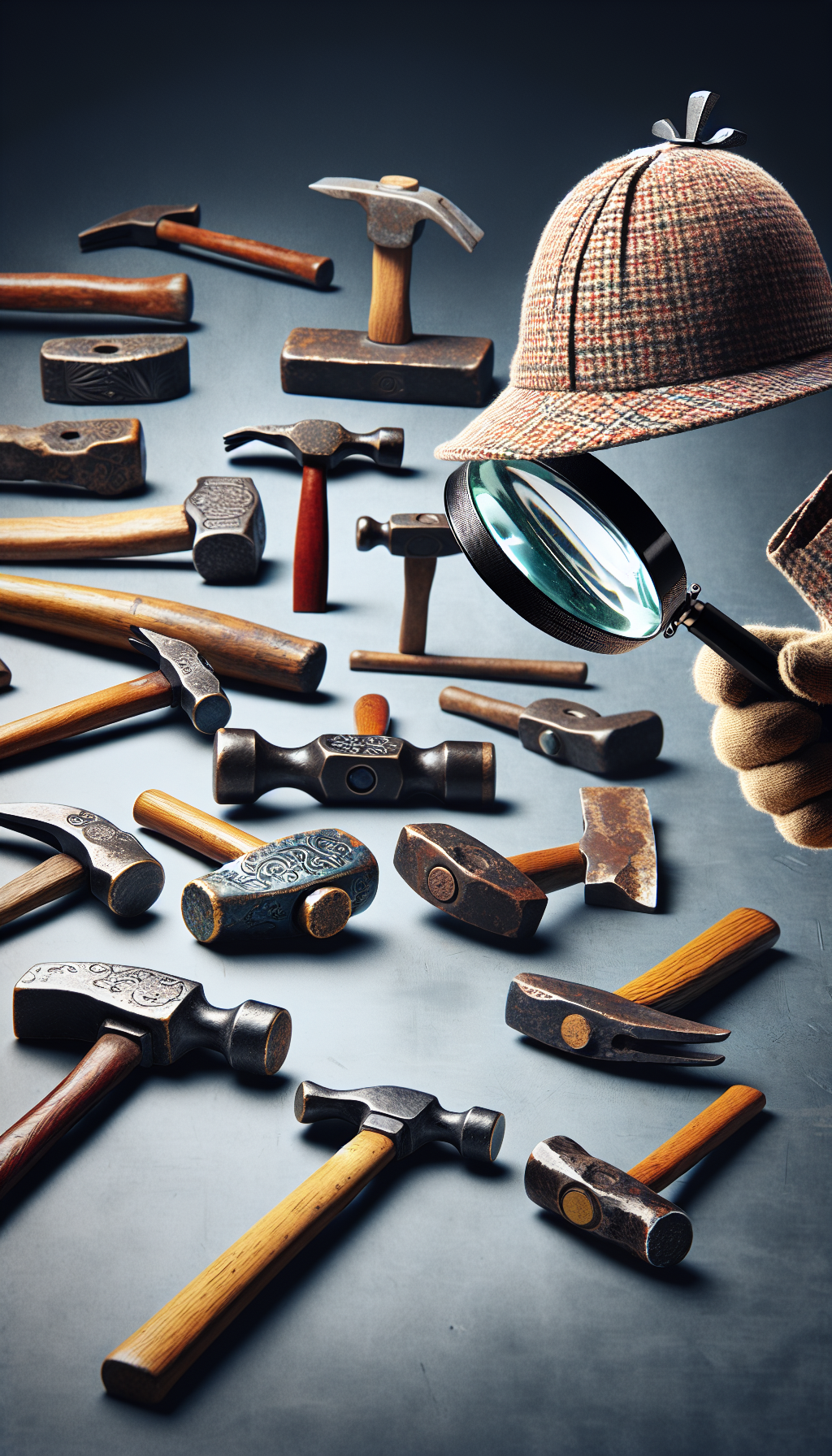 An anthropomorphic magnifying glass adorned with a deerstalker detective hat carefully examines an array of antique hammers suspended in time. Each hammer boasts intricate engravings and unique materials, from wooden handles to iron heads, with ethereal labels identifying their era and craftsmanship. The magnifying glass's keen eye highlights textures and patterns, symbolizing the meticulous process of antique hammer identification.