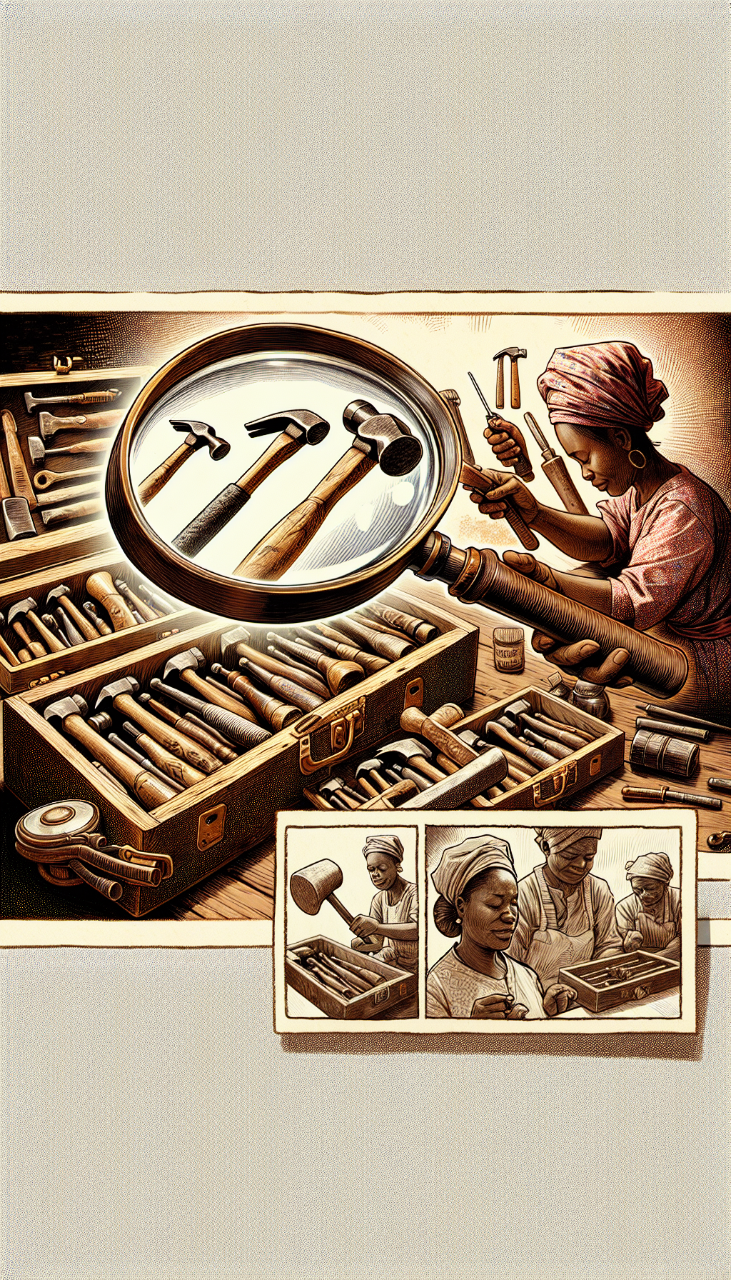 An illustration showcases a magnifying glass overlaying a vintage, wooden toolbox filled with diverse antique hammers, each with a unique tag describing its era and origin. The glass zooms in on a caretaker's gentle hands, dusting and oiling a hammer while an inset comic strip depicts 'before-and-after' preservation steps. The background subtly transitions from sepia to full color, symbolizing the transition from old and forgotten to well-preserved and treasured.