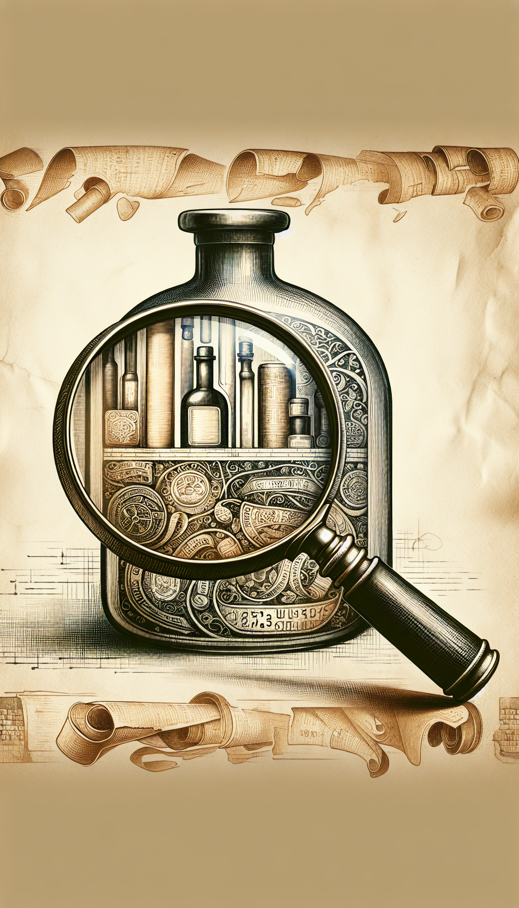 An illustration displays a vintage magnifying glass revealing layers beneath an antiquated glass bottle's bottom, with faded maker's marks and bottle stamps coming into sharp focus against a backdrop of historical scrolls and artifacts. The magnifying glass acts as a window to the past, with each layer artistically transitioning from sepia toned sketches to vibrant watercolor details, symbolizing the uncovering of the bottle's storied history.