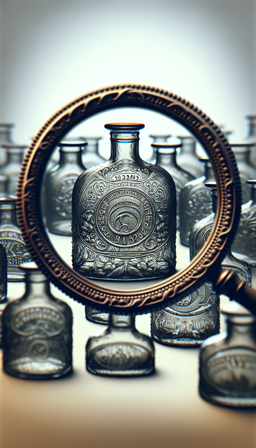 An intricate magnifying glass peers at the embossed base of an array of antique bottles, revealing a collage of historic dates and symbols beneath it. The markings transition from opaque to clear, symbolizing the process of identification, with the magnifier acting as a window into the past, where each inscription tells the age-old story of the bottle's origin.