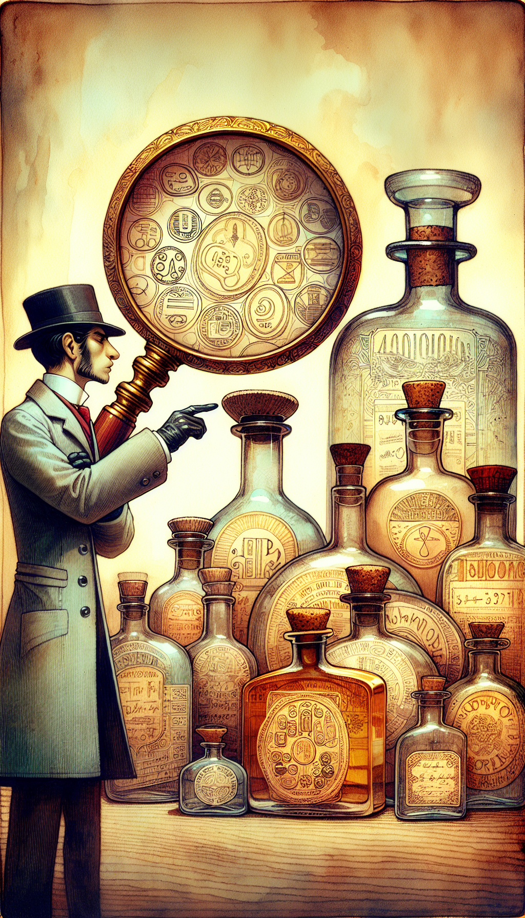A whimsical magnifying glass looms over a cluster of transparent antique bottles, with their bottoms facing up, showcasing a tapestry of unique marks and symbols. A detective, garbed in vintage attire, examines the embossed clues with a curious expression, hinting at the mystery he's unraveling. The image is rendered in a juxtaposition of sepia tones and vibrant watercolor accents.