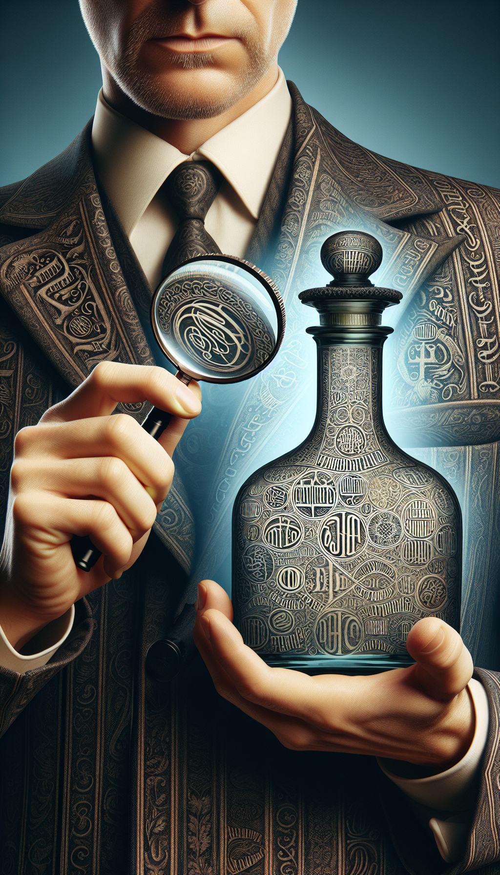 An illustration depicting a magnifying glass held by an antique dealer's hand, focusing on an intricately etched bottom of an age-worn glass bottle. Circling the bottle are ghostly, faded whispers of different eras and origins, transitioning from one style to another—from an Edwardian script to Art Deco geometry—each marking revealing a unique chapter of the bottle's storied past.