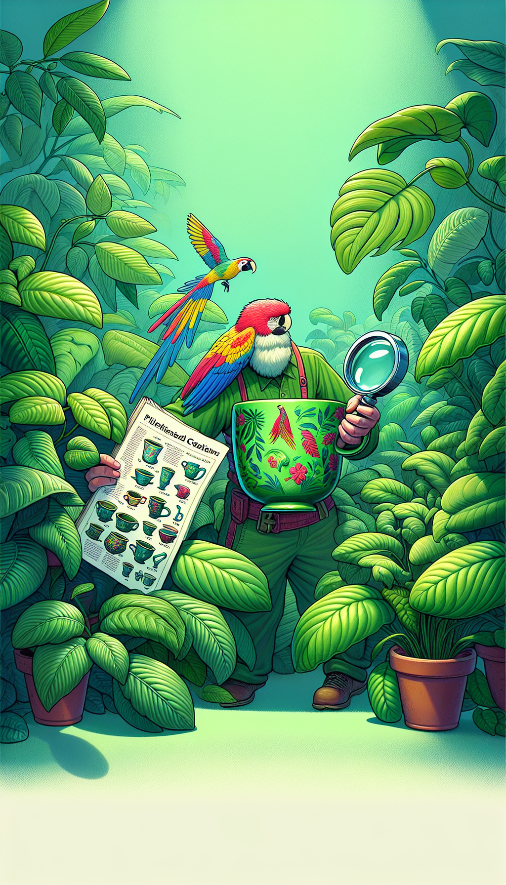 An intrepid collector, magnifying glass in hand, stands amidst a jungle of lush houseplants, their leaves morphing into rare vibrant Fire-King patterns. An illustrated Fire-King Pyrex spotting guide floats near them, as they excitedly point toward a hidden Jadite mug in the foliage, its elusive pattern partially obscured by a feisty, flame-colored parrot perched atop it.