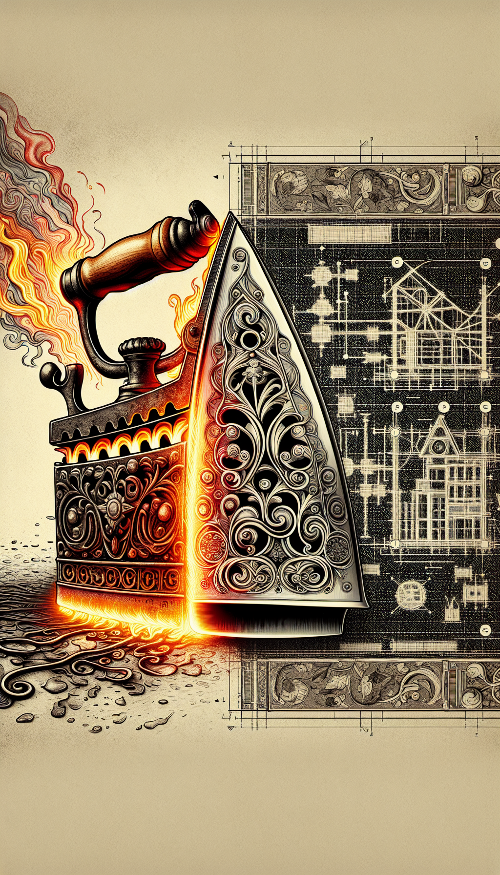 An illustration of an antique iron melting into a blueprint of architectural design, with ornate elements morphing into modern construction symbols, on one side vivid Victorian patterns, and on the other side streamlined Art Deco motifs. The juxtaposition showcases the influence of design evolution in both architecture and iron crafts, underlining the historical worth of irons within a transformative visual narrative.