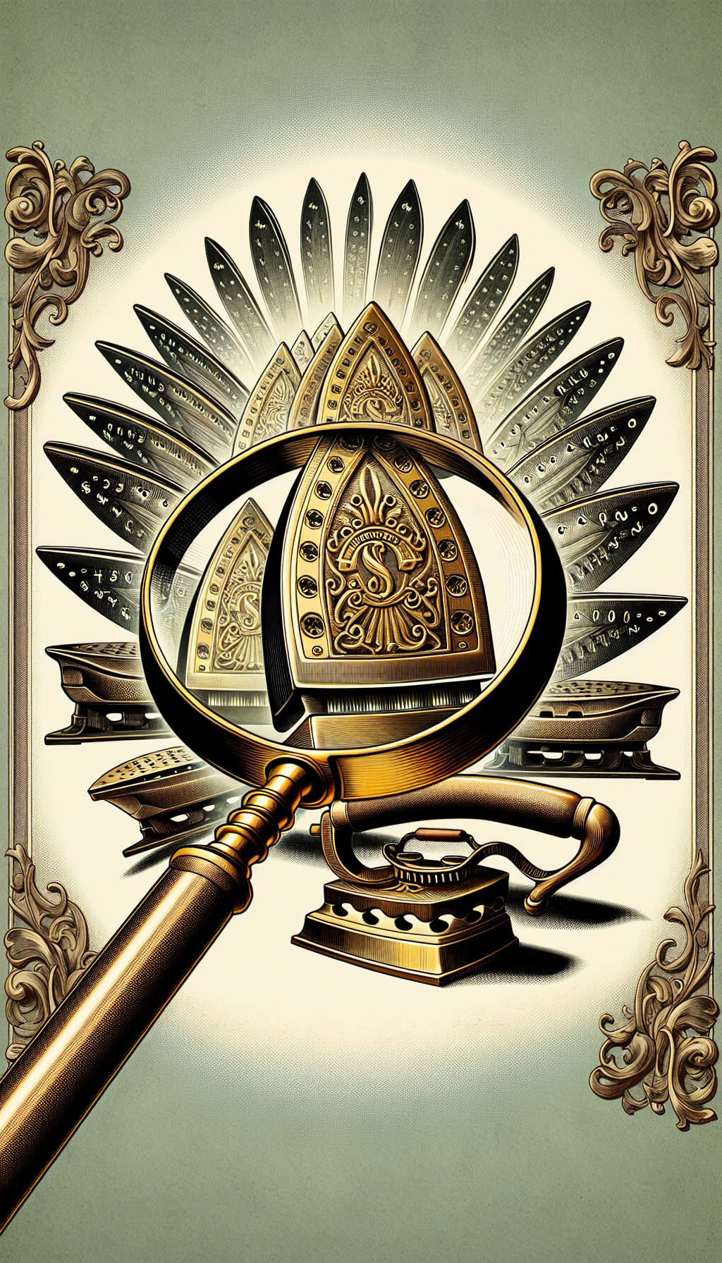 An intricate Victorian-style illustration depicts a magnifying glass focusing on a cluster of antique irons arrayed like a fan, each showcasing a distinct, embossed manufacturer's stamp shimmering in golden ink. The irons cast a shadow that morphs into ascending dollar values, implying their growing worth, while ornate filigree frames the image, symbolizing their antique status.