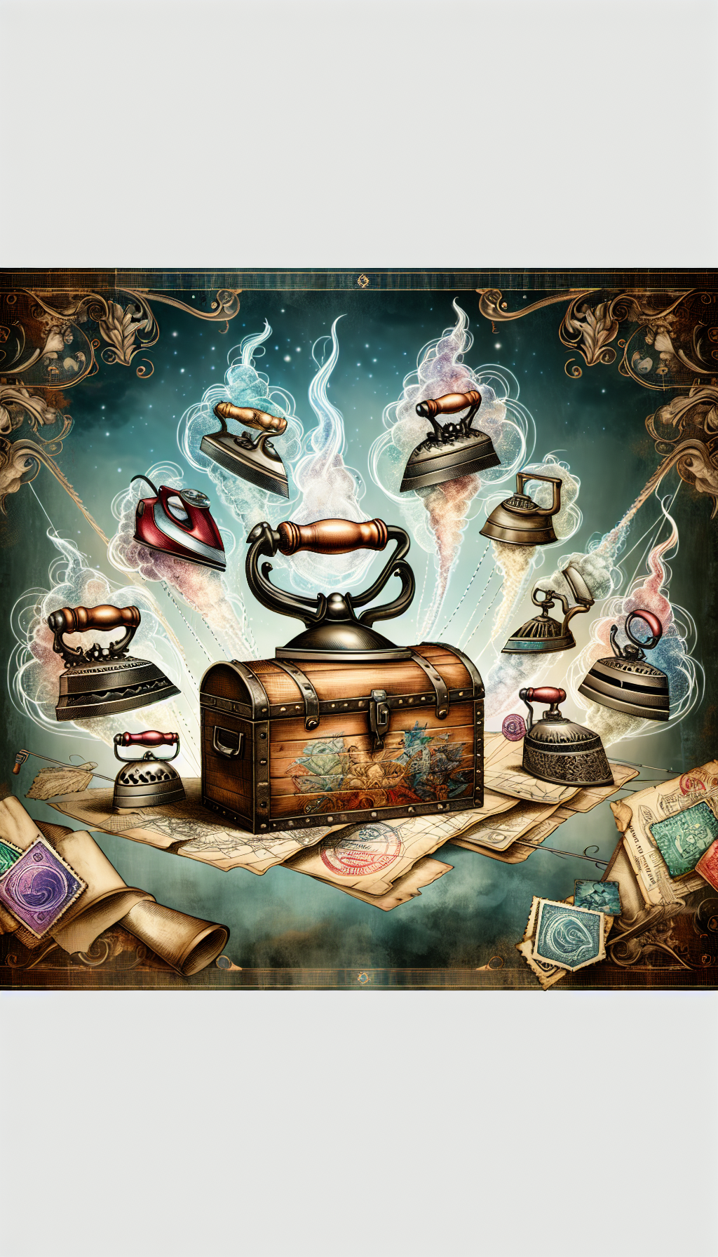 A whimsical Victorian-style drawing tableaux displays a collection of antique irons levitating above a treasure chest overflowing with diverse elements like a steam plume, rare stamps, intricate decals, and a historical map, symbolizing the unique features that enhance their value. The ethereal glow and ornate embellishments within the image suggest the hidden magic and worth of these collectible items.