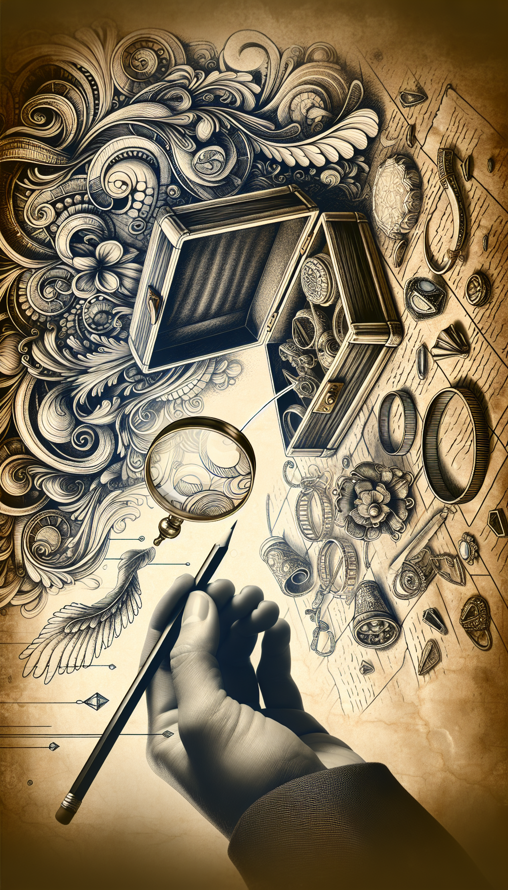 A magnifying glass hovers over an ornate, open jewelry box, revealing hidden hallmarks on vintage trinkets inside. Styles clash—Art Deco edges meet Baroque swirls—while a phantom hand, pencil in grasp, sketches lines connecting each piece to a floating, aged parchment labeled "Antique Jewelry Identification Guide." The juxtaposition symbolizes the investigative journey of dating heirloom treasures.